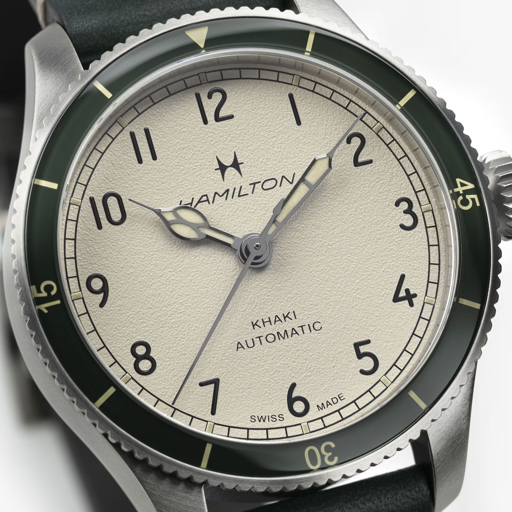 Hamilton Khaki Aviation H76255810 eggshell white grained dial with cathedral hands close-up