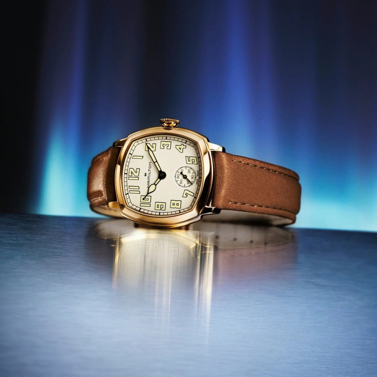 Hamilton American Classic Cushion 30mm Beige Dial Yellow Gold-Tone Steel Leather Manual-Wind Watch H36119520