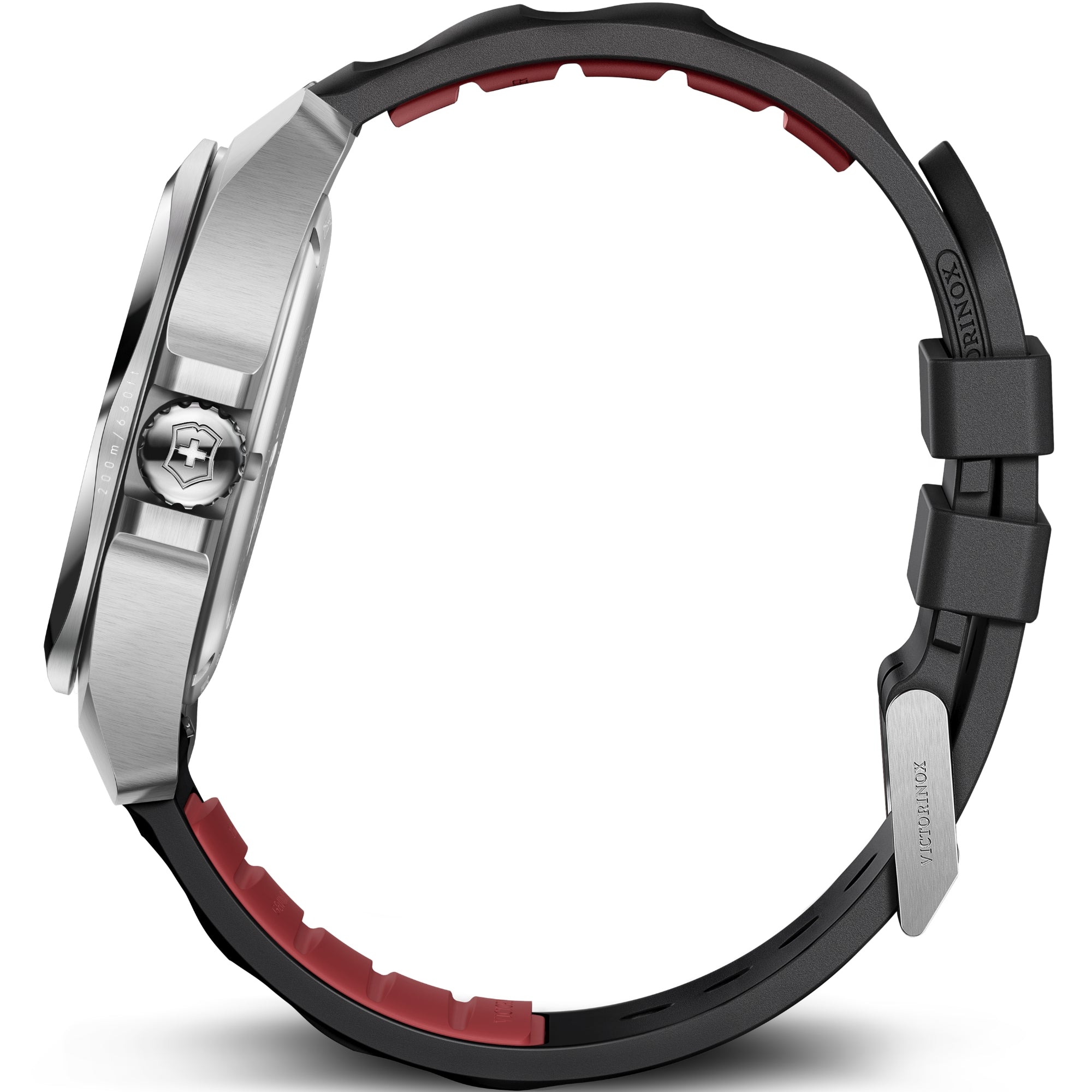 Side view of Victorinox I.N.O.X. 242028 showing stainless steel case, crown, pushers and black rubber strap