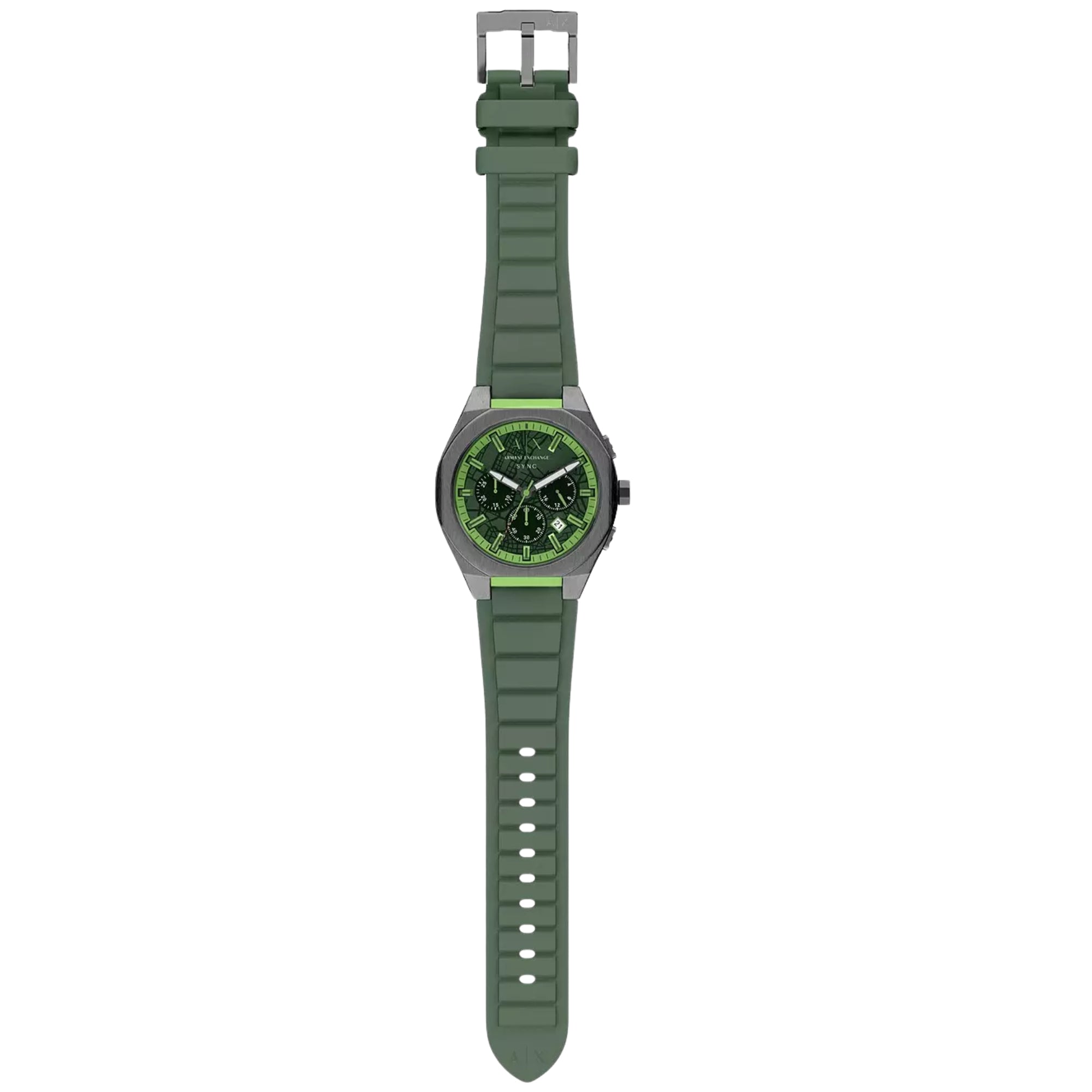 Armani Exchange Sync 44mm Chronograph Green Dial Silicone Mens Quartz Watch AX4292