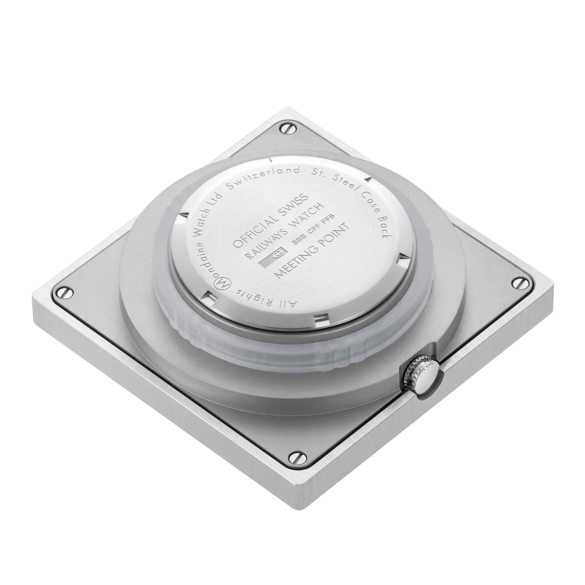 Square aluminum table clock with round movement back and engraved dial text