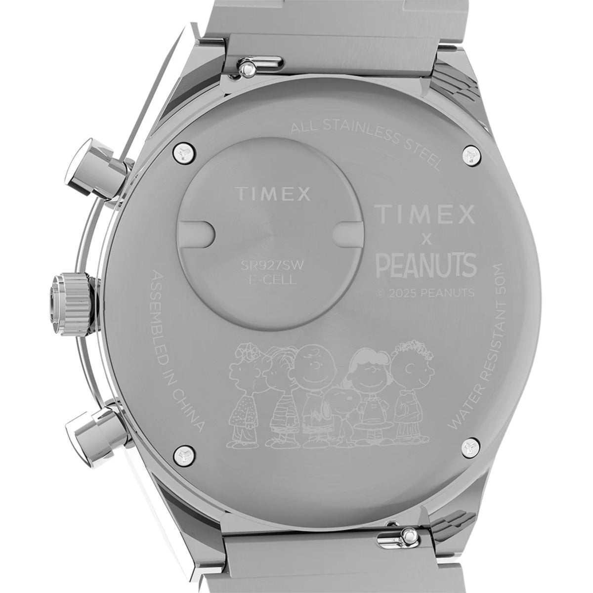 Timex Peanuts TW2Y45300 close-up back view showing engraved Peanuts characters and battery hatch details