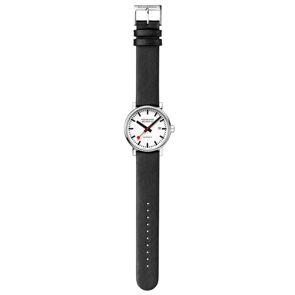Men’s automatic watch on black leather strap with white dial and silver case