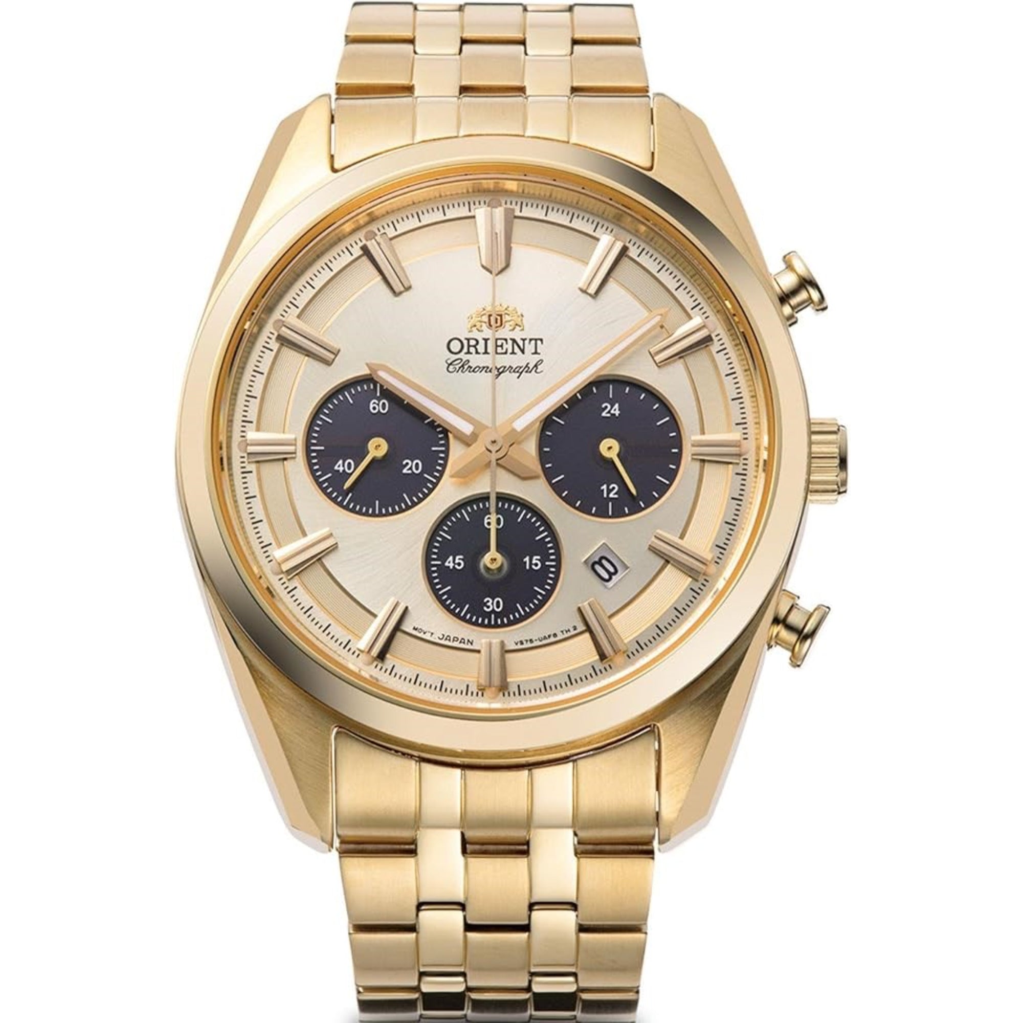 Orient Contemporary Stretto Date Solar Chronograph Champagne Dial Steel Strap Men’s Watch RA-TX0301G10B
