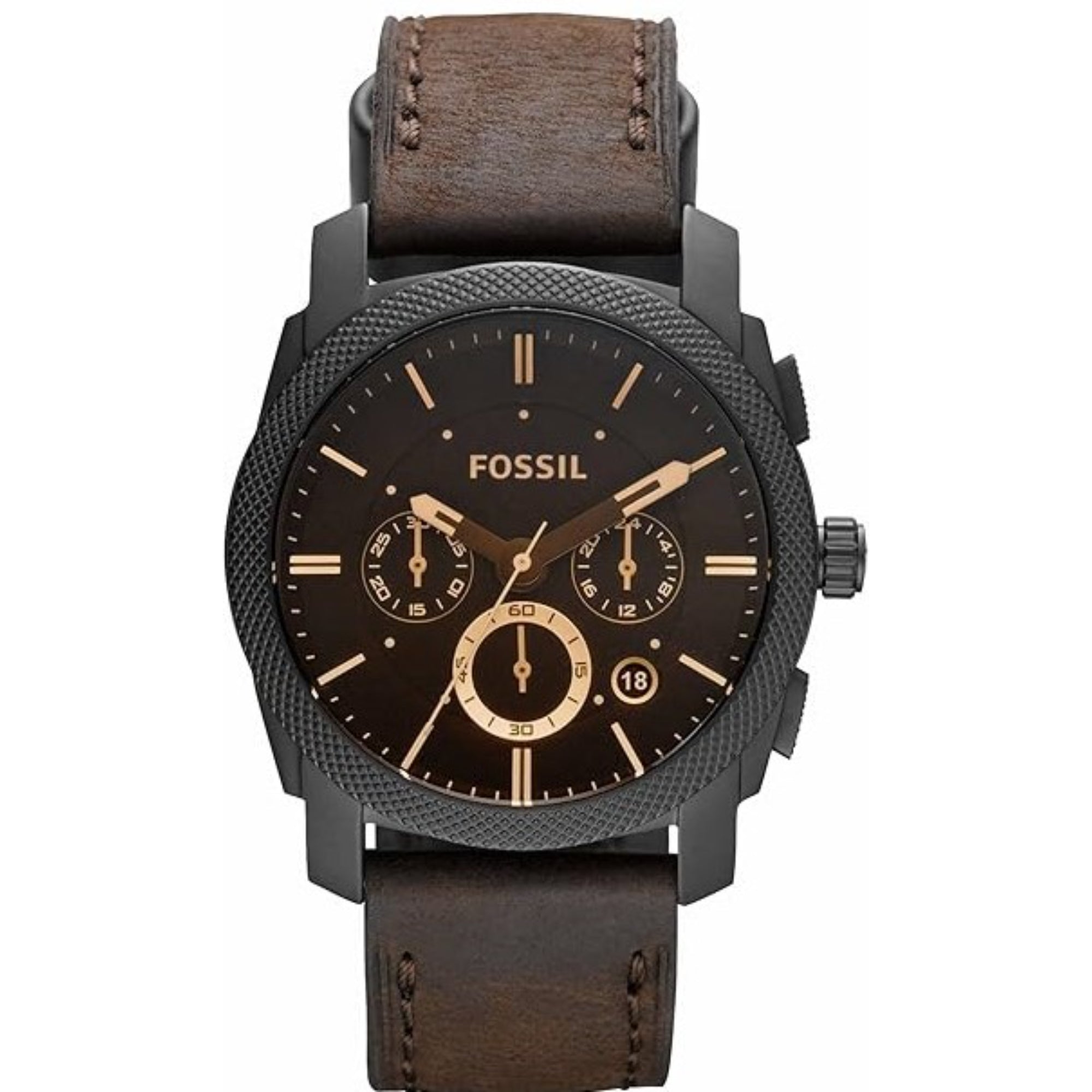 Fossil Machine Chronograph Brown Leather Strap Black Dial Men's Watch FS4656
