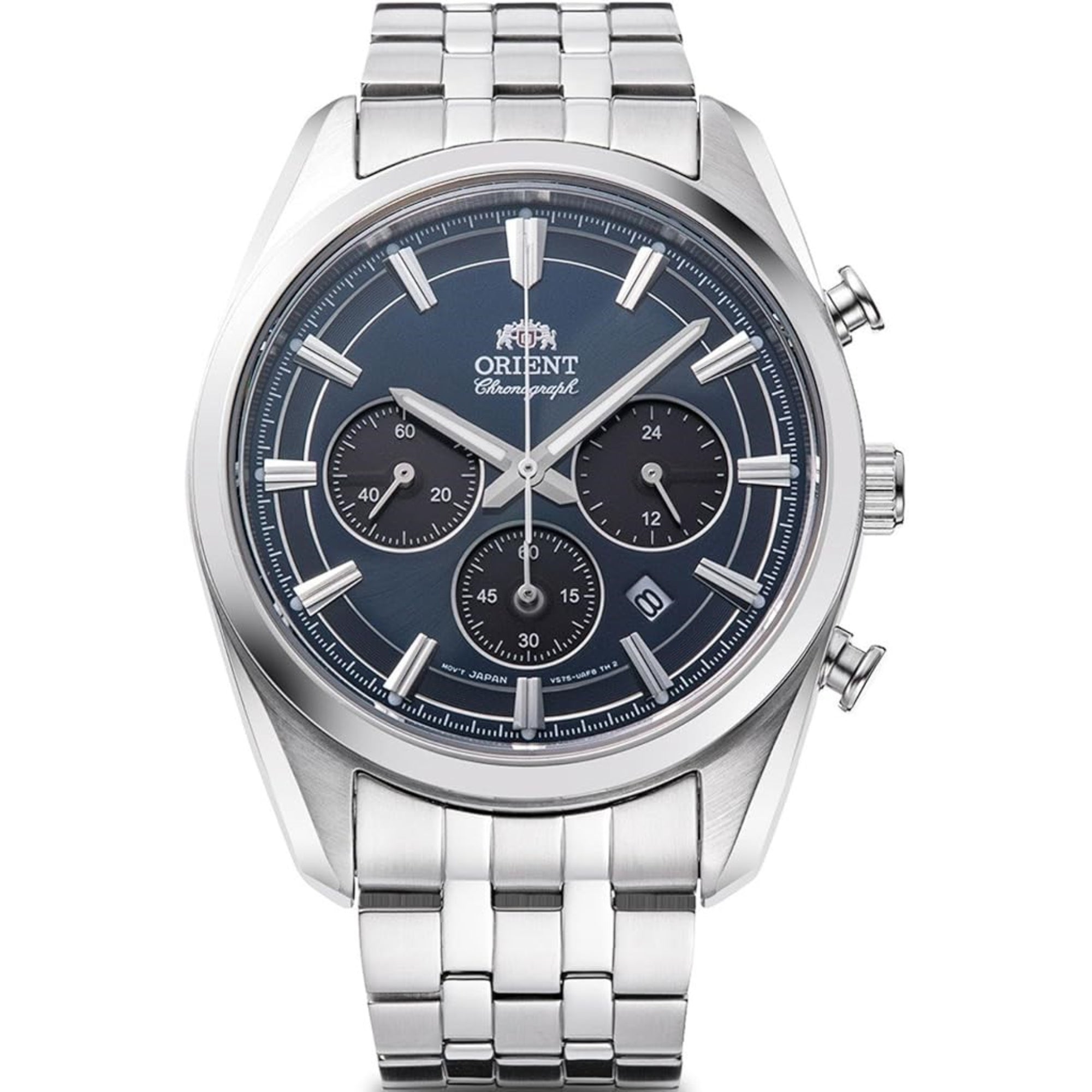 Orient Contemporary Stretto Date Solar Chronograph Navy Dial Steel Strap Men’s Watch RA-TX0303L10B