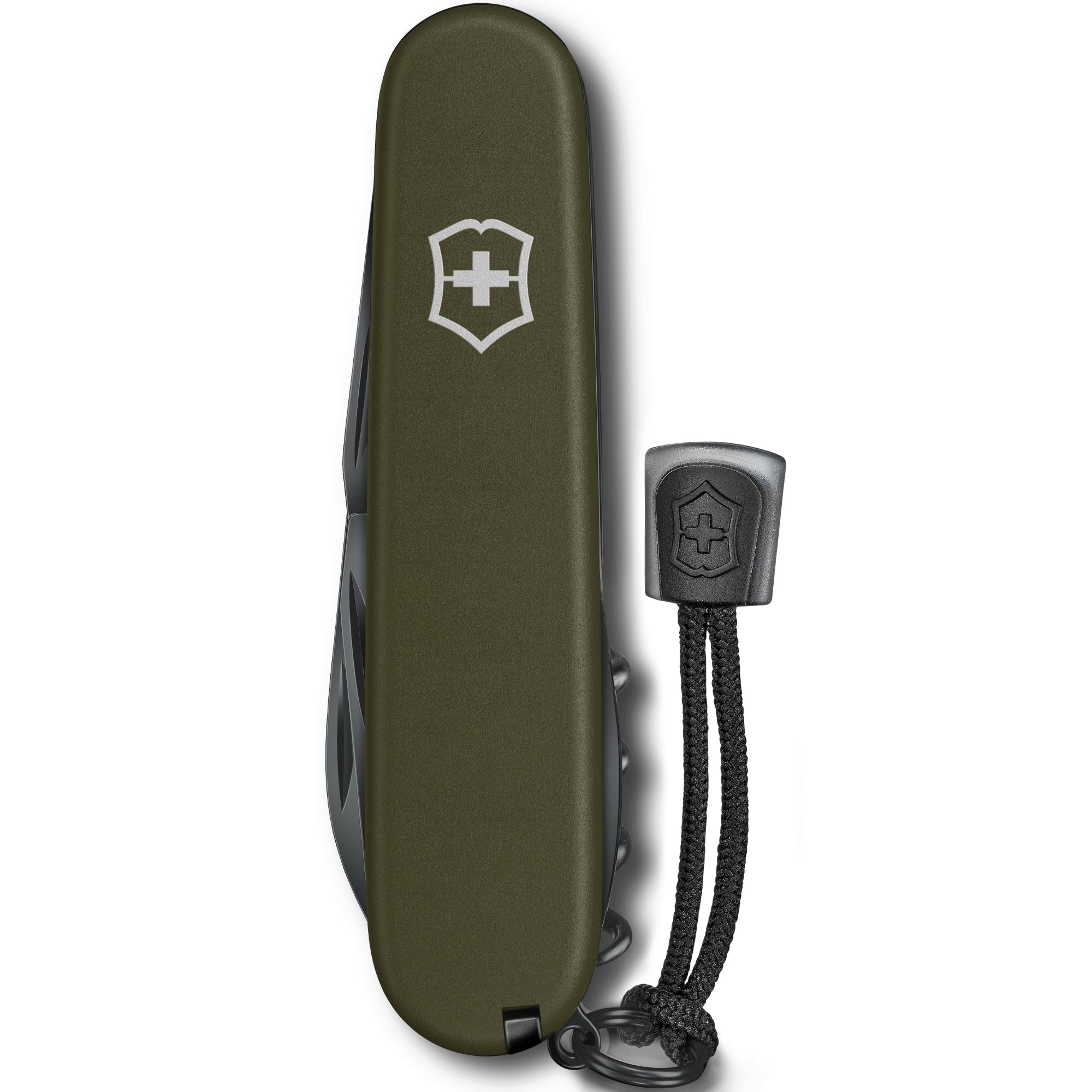 An olive green Victorinox pocket knife shown closed