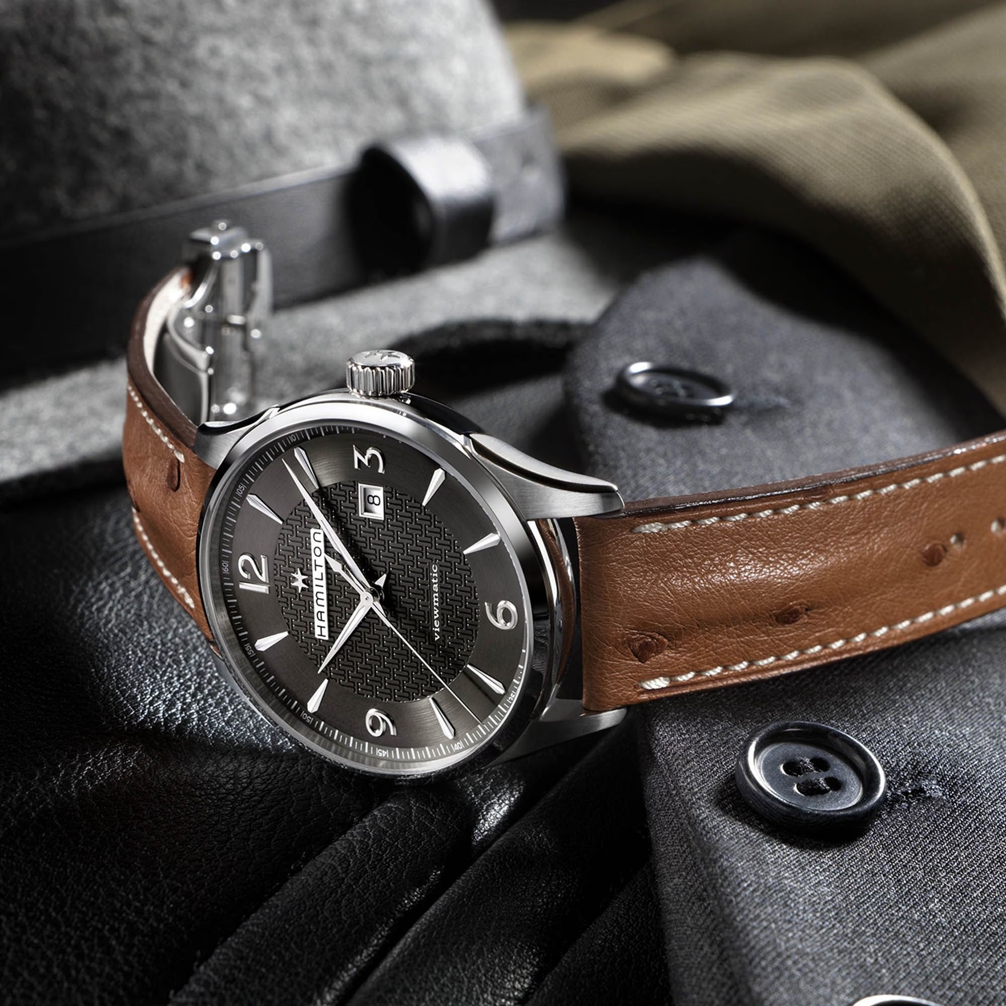 Hamilton Jazzmaster 44mm Graues Zifferblatt Leder Herren Automatik Uhr H32755851