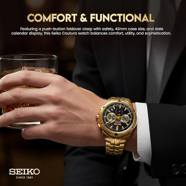 Seiko Coutura Quartz Chronograph Black Dial Gold-Tone Steel Strap Men's Watch SSB438P1
