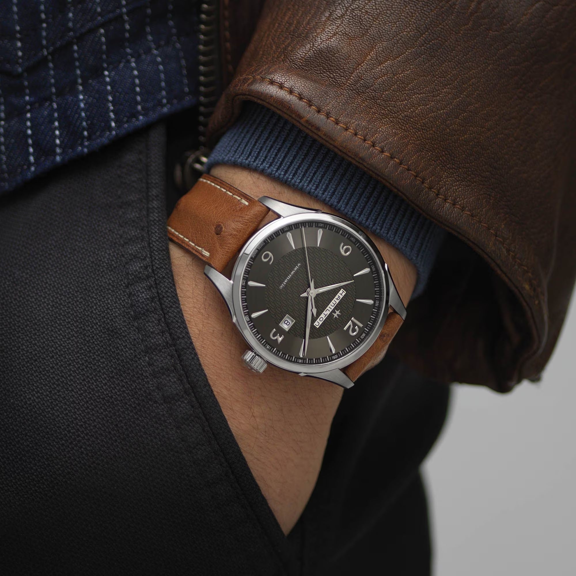 Hamilton Jazzmaster 44mm Graues Zifferblatt Leder Herren Automatik Uhr H32755851