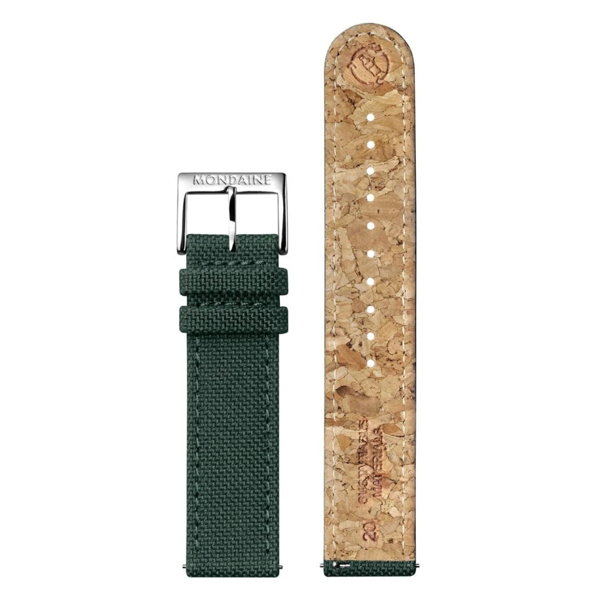 Mondaine Cushion MSL.41460.LF.SET green textile strap pair with silver pin buckle and cork lining