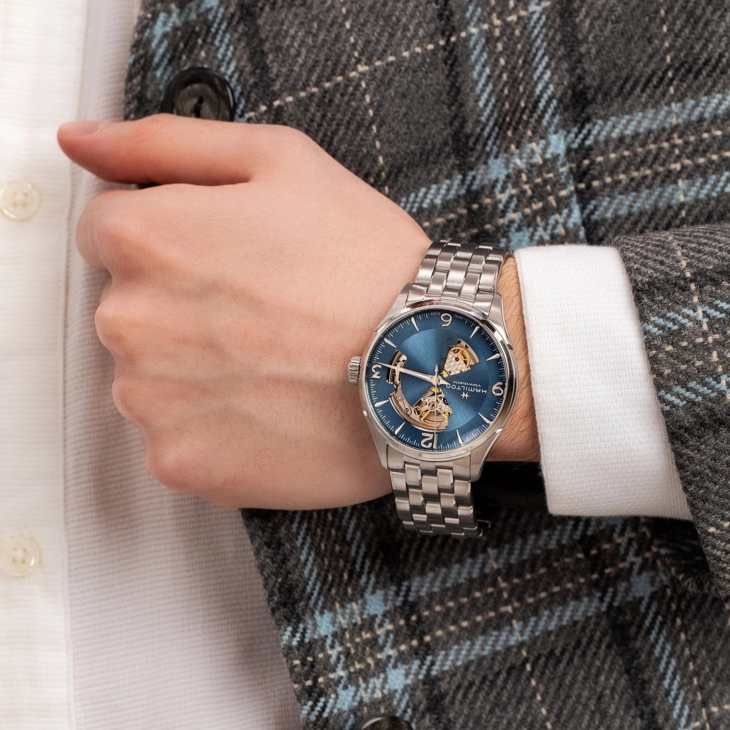 Hamilton Jazzmaster Open Heart Automatic Blue Dial Steel Strap Men's Dress Watch H32705142