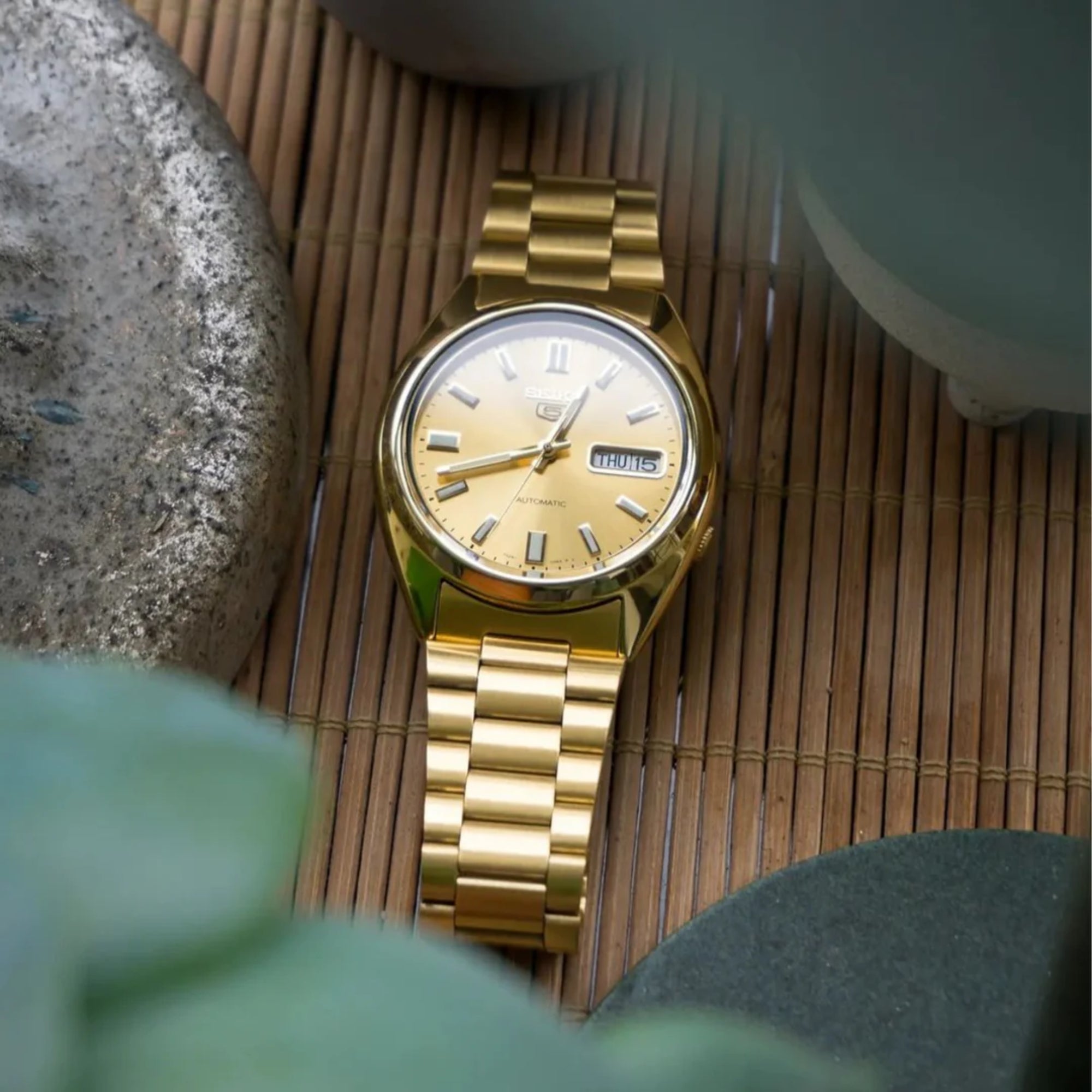 Seiko 5 Automatic Gold Dial Gold PVD Steel Strap Men's Watch SNXS80K1