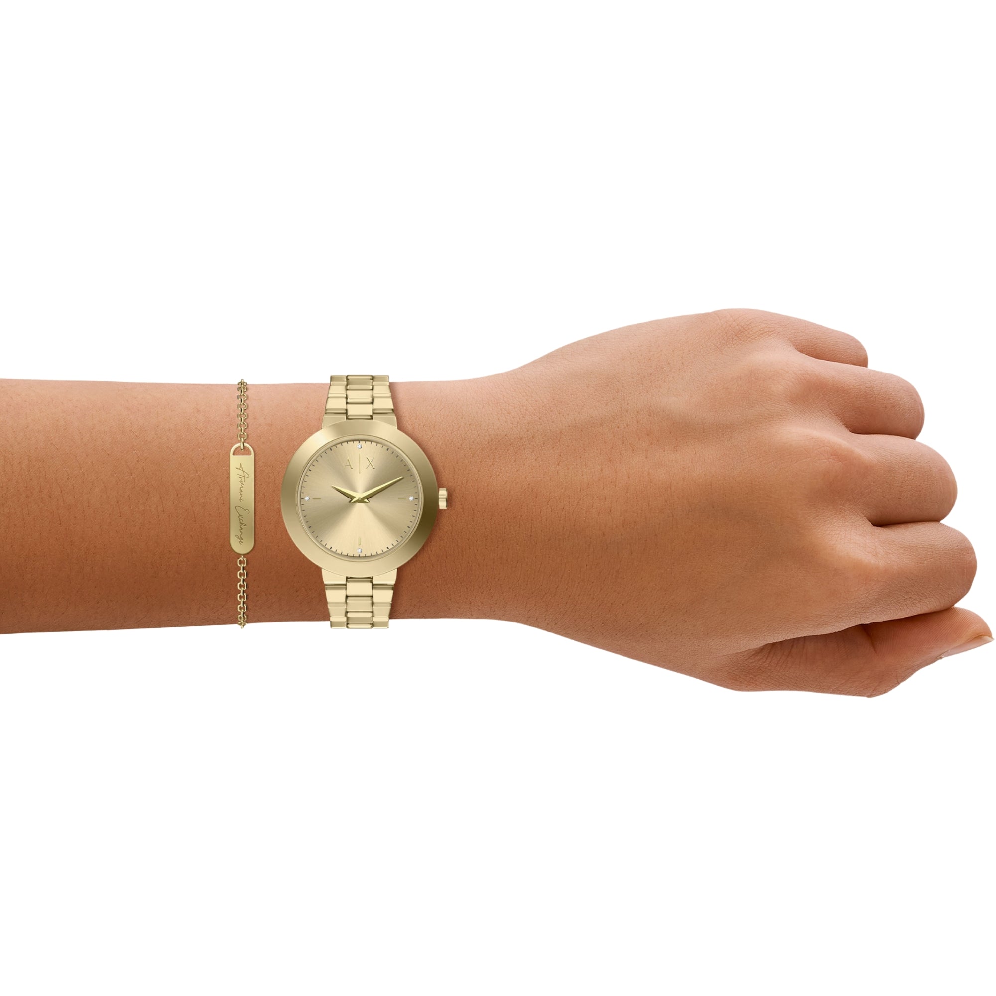 Armani Exchange Jackie 36mm Gold Dial Steel Ladies Quartz Watch and Bracelet AX7177SET
