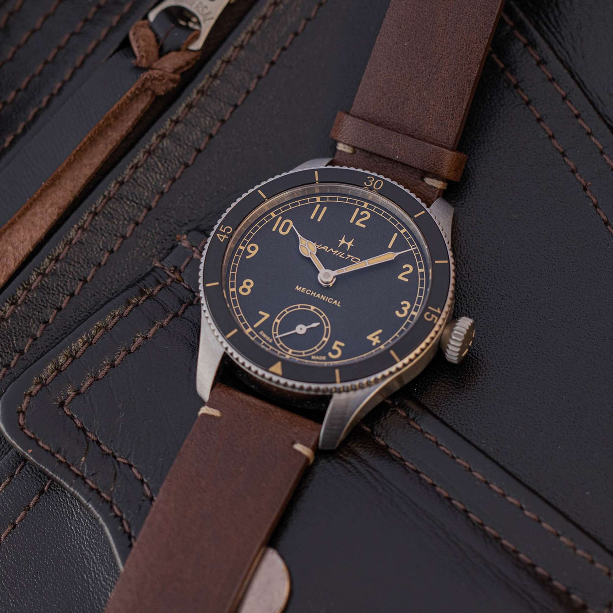 Hamilton Khaki Aviation Pilot Pioneer Automatic Black Dial Brown Leather Strap Men's Watch H76205530