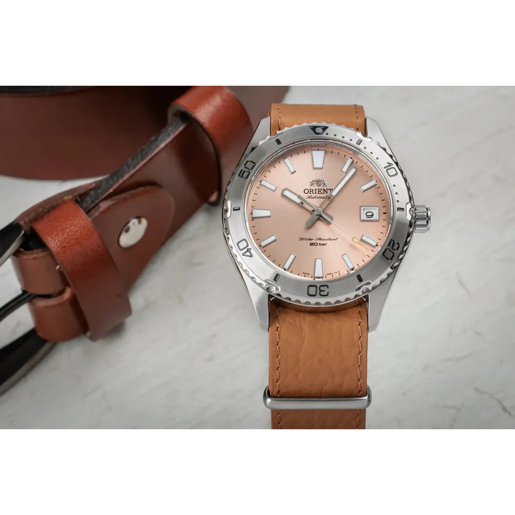 Orient Mako Automatic Apricot Dial Leather Strap Unisex Dive Watch RA-AC0Q05P30B