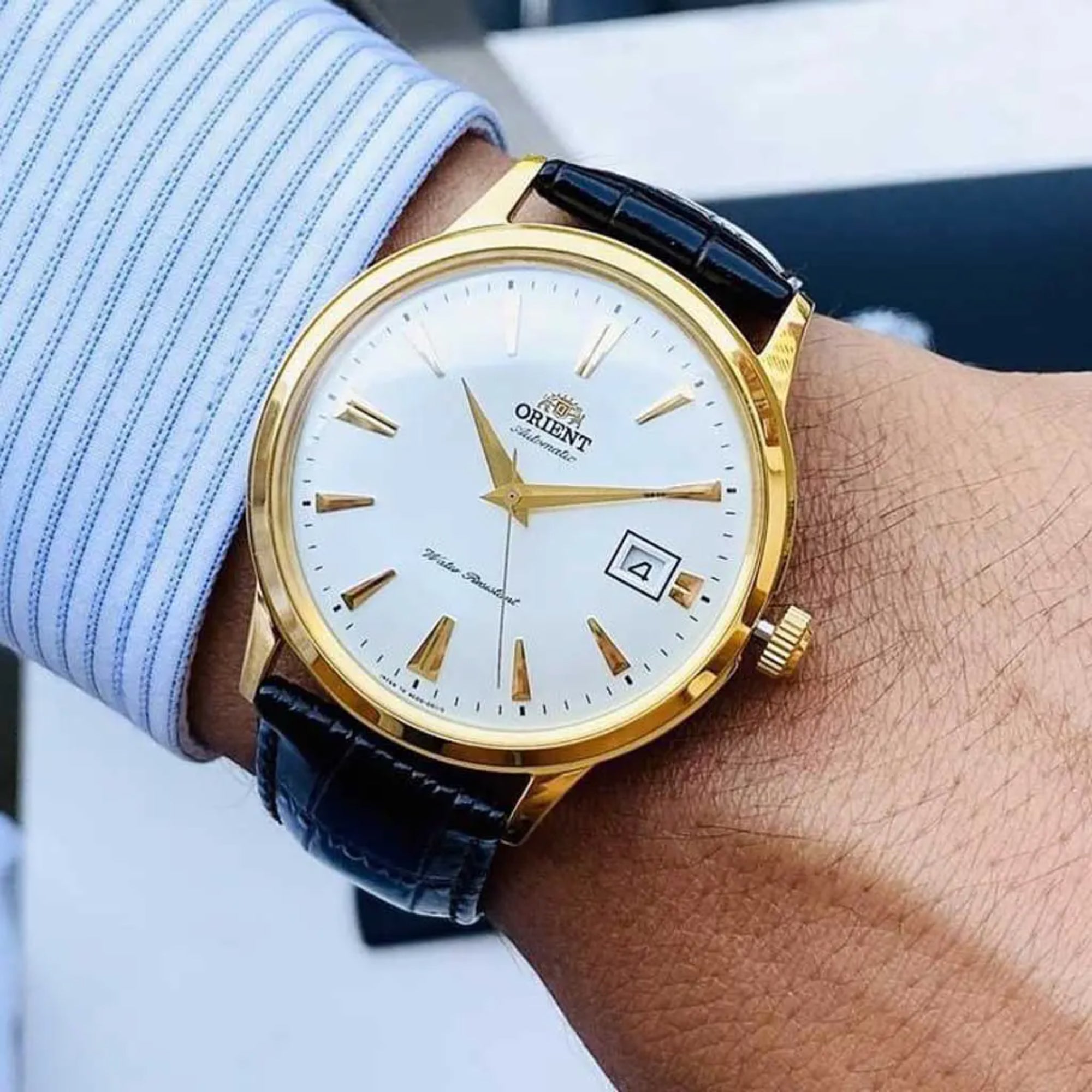Orient Bambino Classic Vintage Style Automatic White Dial Leather Strap Men's Dress Watch TAC00003W0