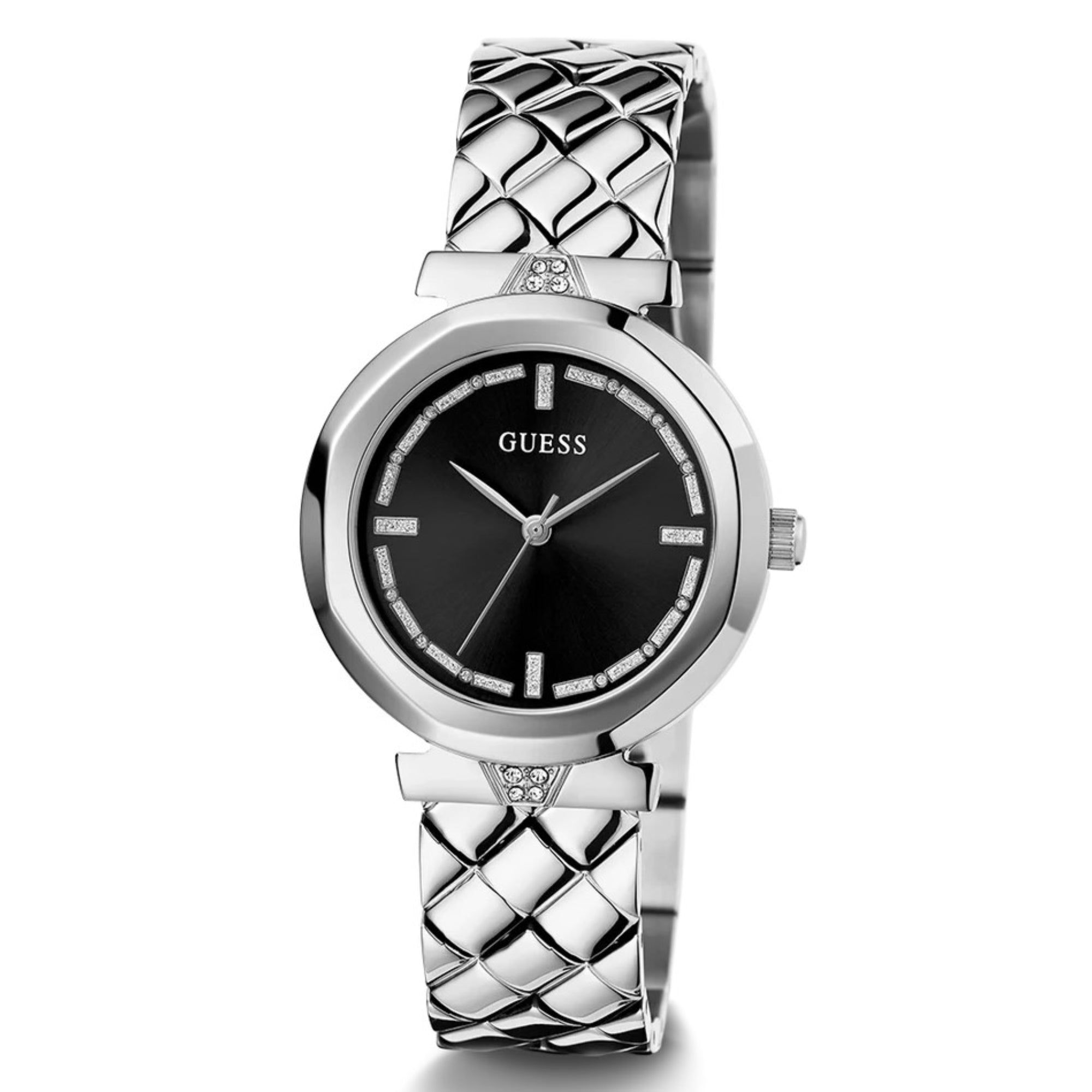 GUESS Silver-Tone Analog Black Dial with Sparkling Crystal Details Ladies Watch GW0613L1