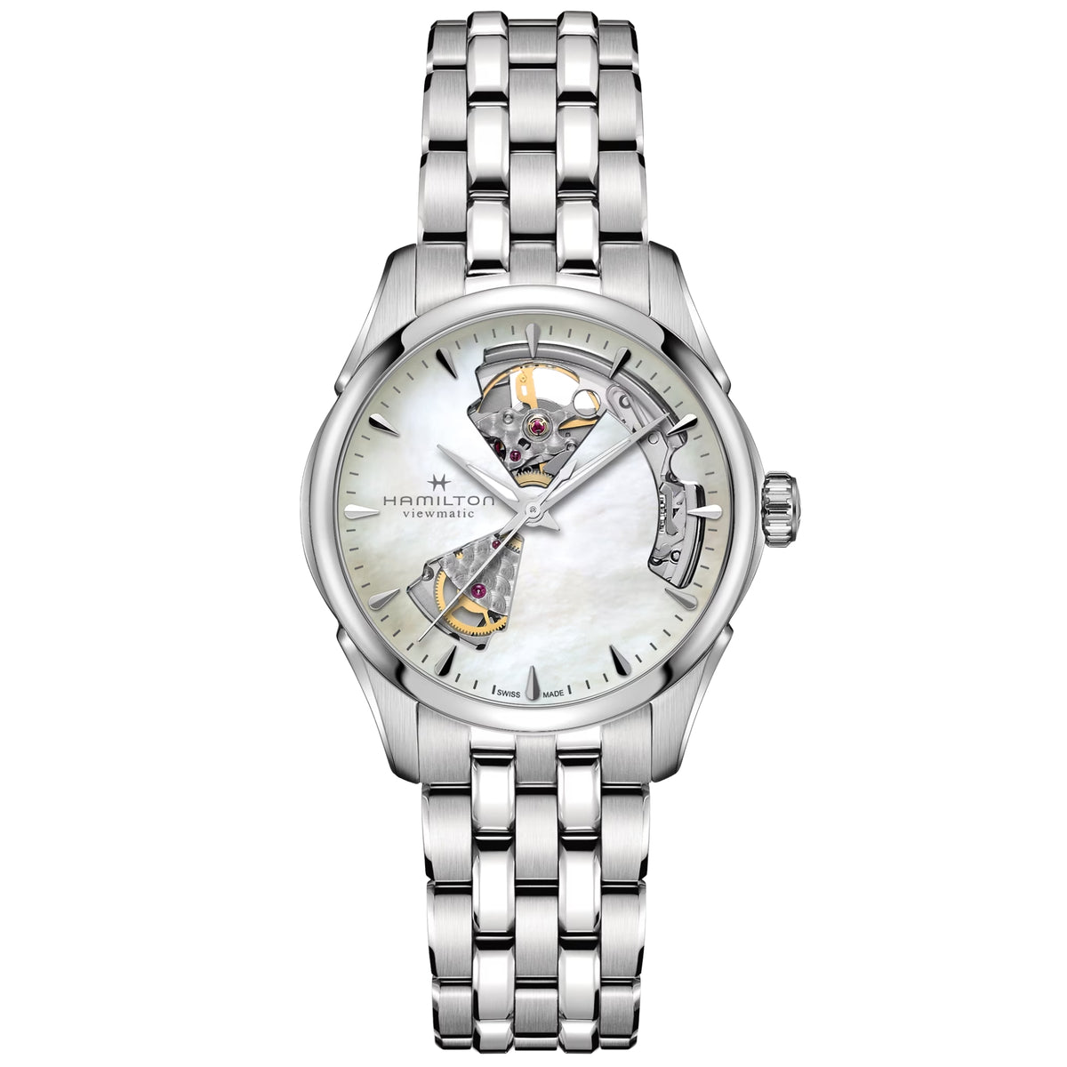 Hamilton ladies automatic open-heart watch, mother-of-pearl dial, steel bracelet.