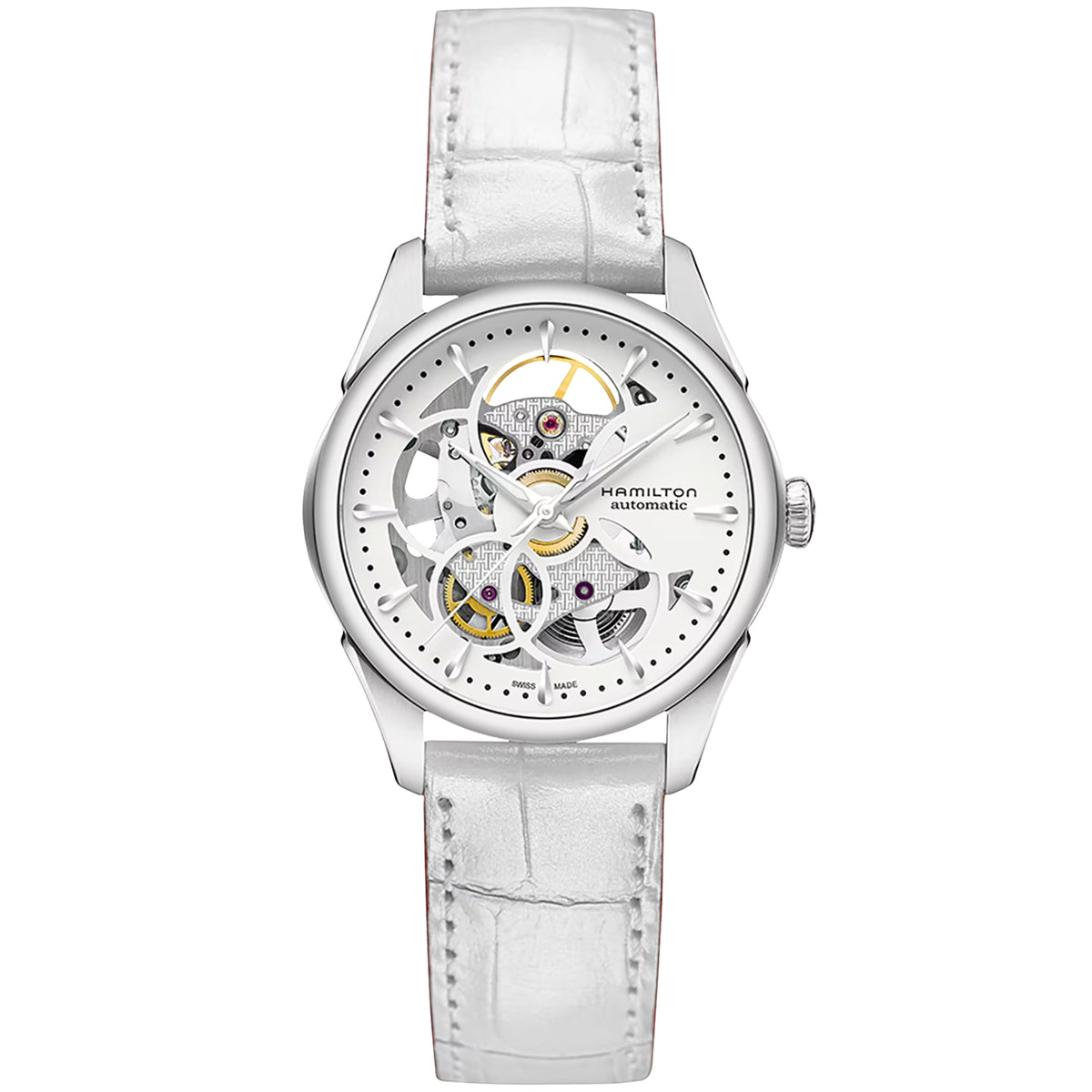Ladies automatic skeleton watch with white dial and white leather strap, 36mm case.