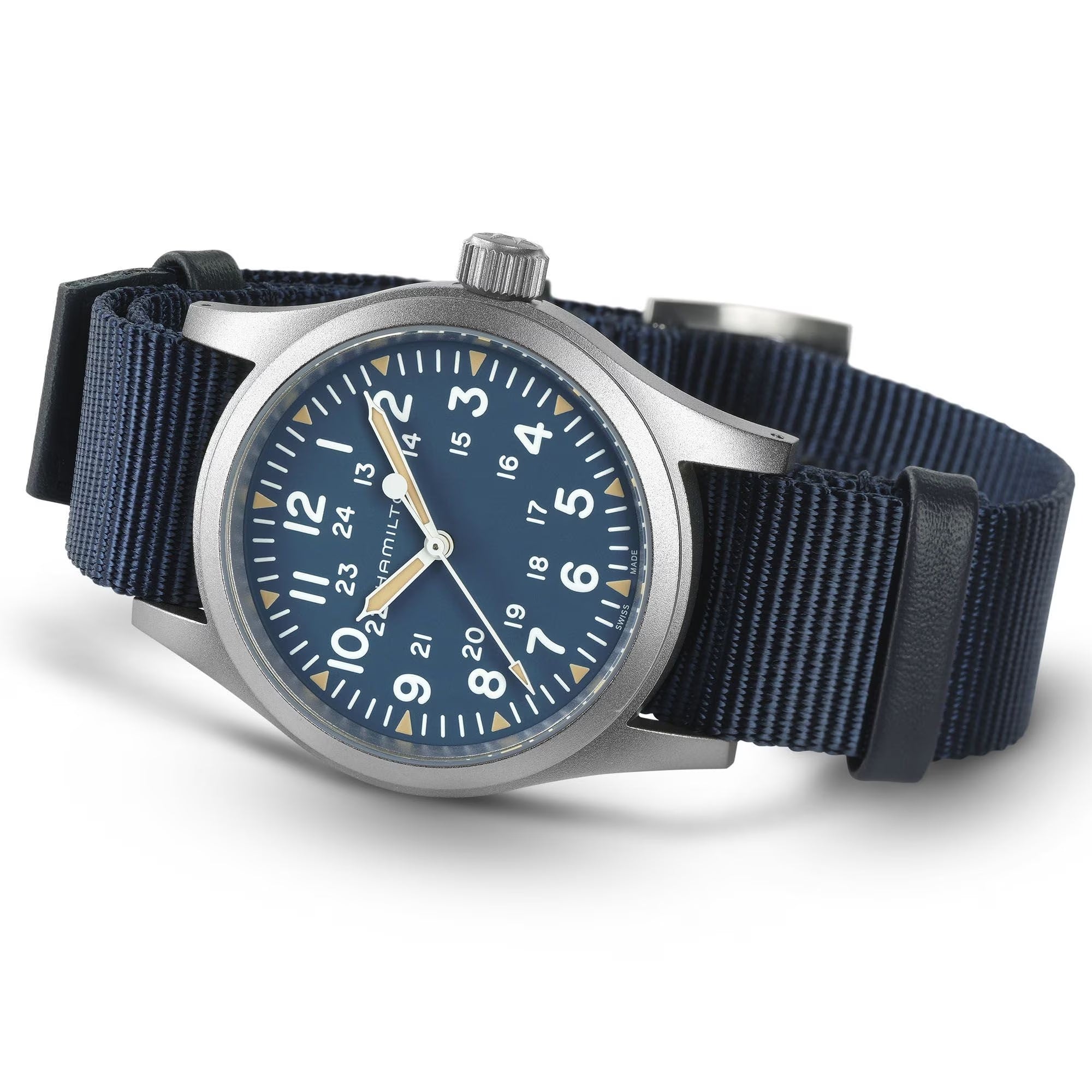 Round blue-dial NATO mechanical watch with stainless case, gold hands, and blue fabric strap
