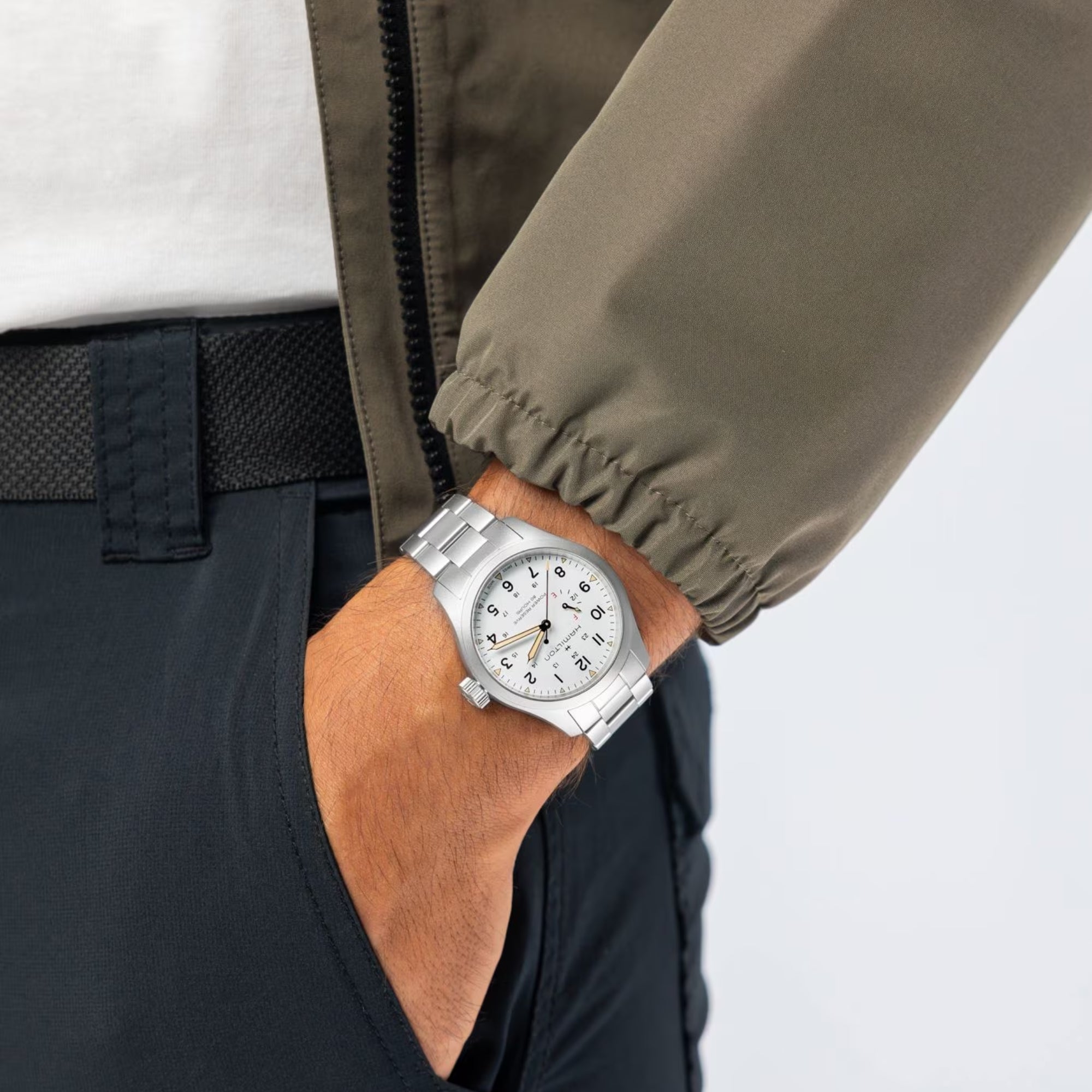 Hamilton Khaki Field Power Reserve White Dial Steel watch worn on wrist H69509110