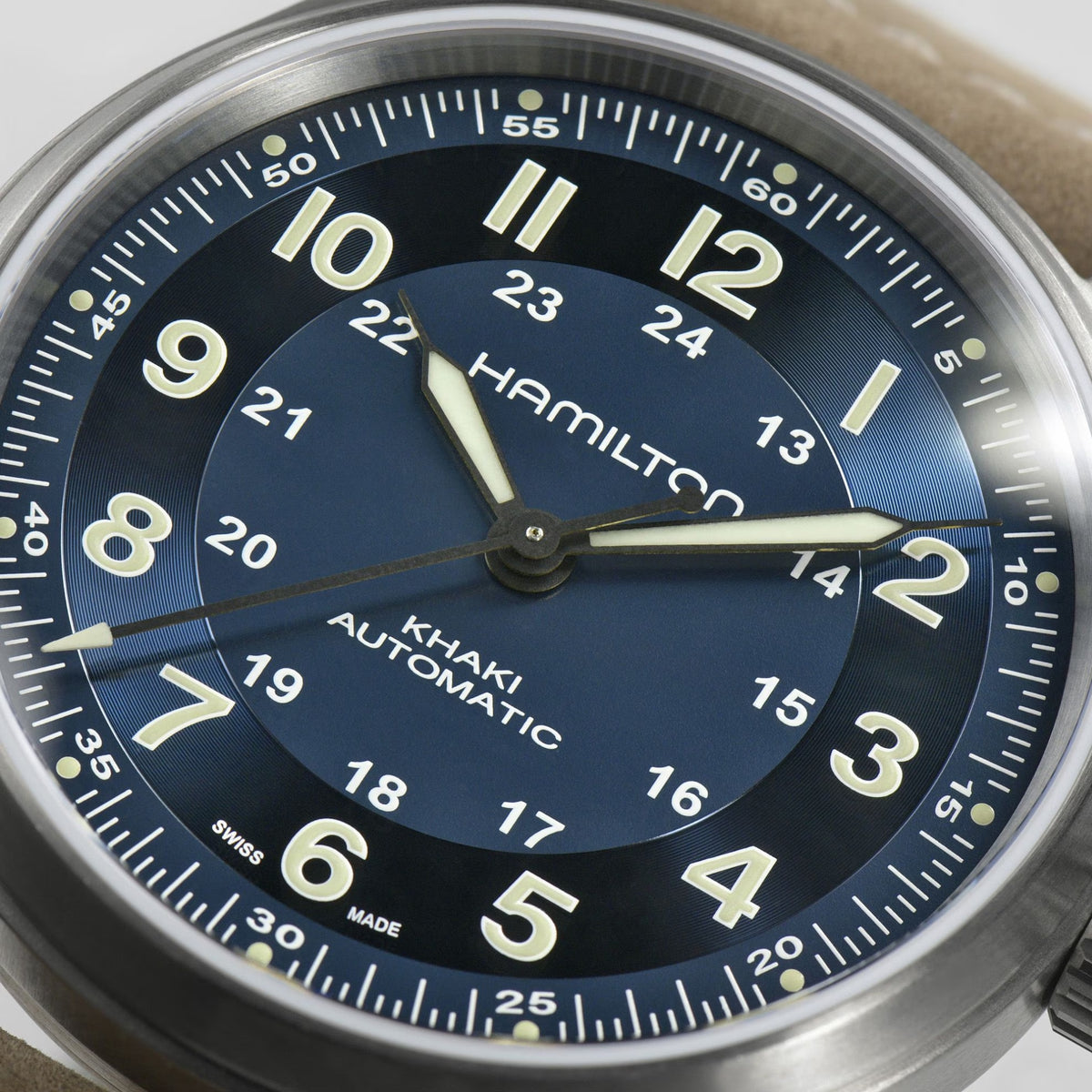 Hamilton Khaki Field H70545540 blue dial with Arabic numerals and 24-hour inner track close-up