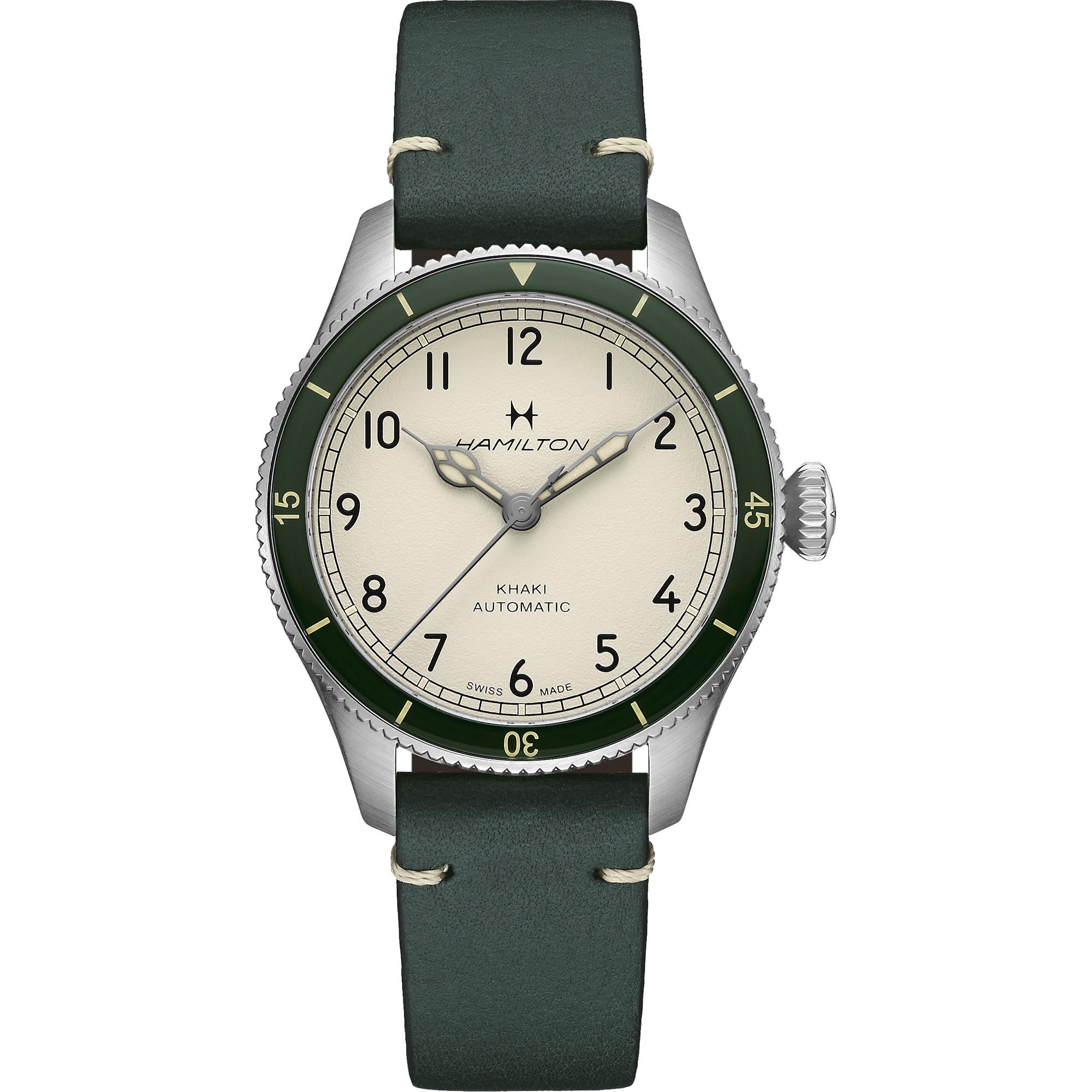 
Hamilton Khaki Aviation Pilot Pioneer Automatic Eggshell-White Dial Green Leather Strap Men's Watch H76255810
