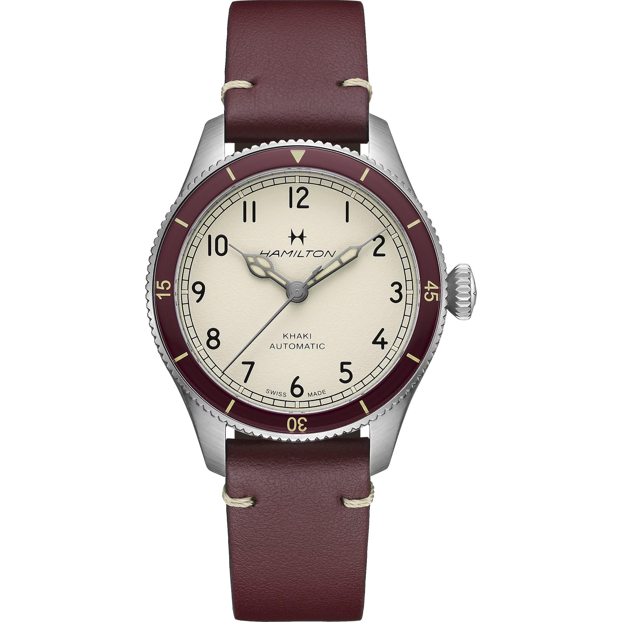 Hamilton Khaki Aviation Pilot Pioneer Automatic Eggshell-White Dial Burgundy Leather Strap Men's Watch H76265810