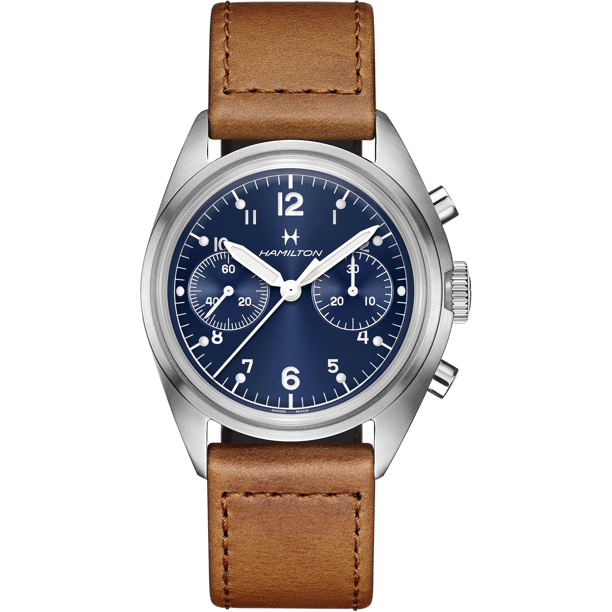 Hamilton Khaki Aviation Pilot Pioneer Mechanical Chronograph Blue Dial Leather Strap Men's Watch H76409540