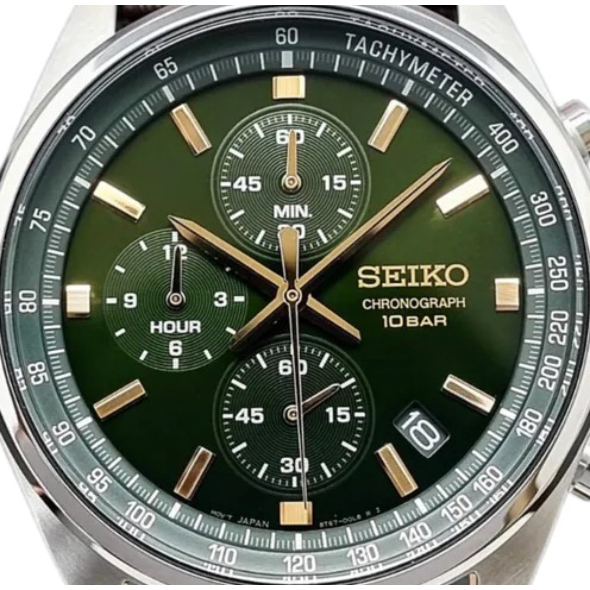 Seiko Conceptual Quartz Chronograph Green Sunburst Dial Brown Leather Strap Men's Watch SSB385P1
