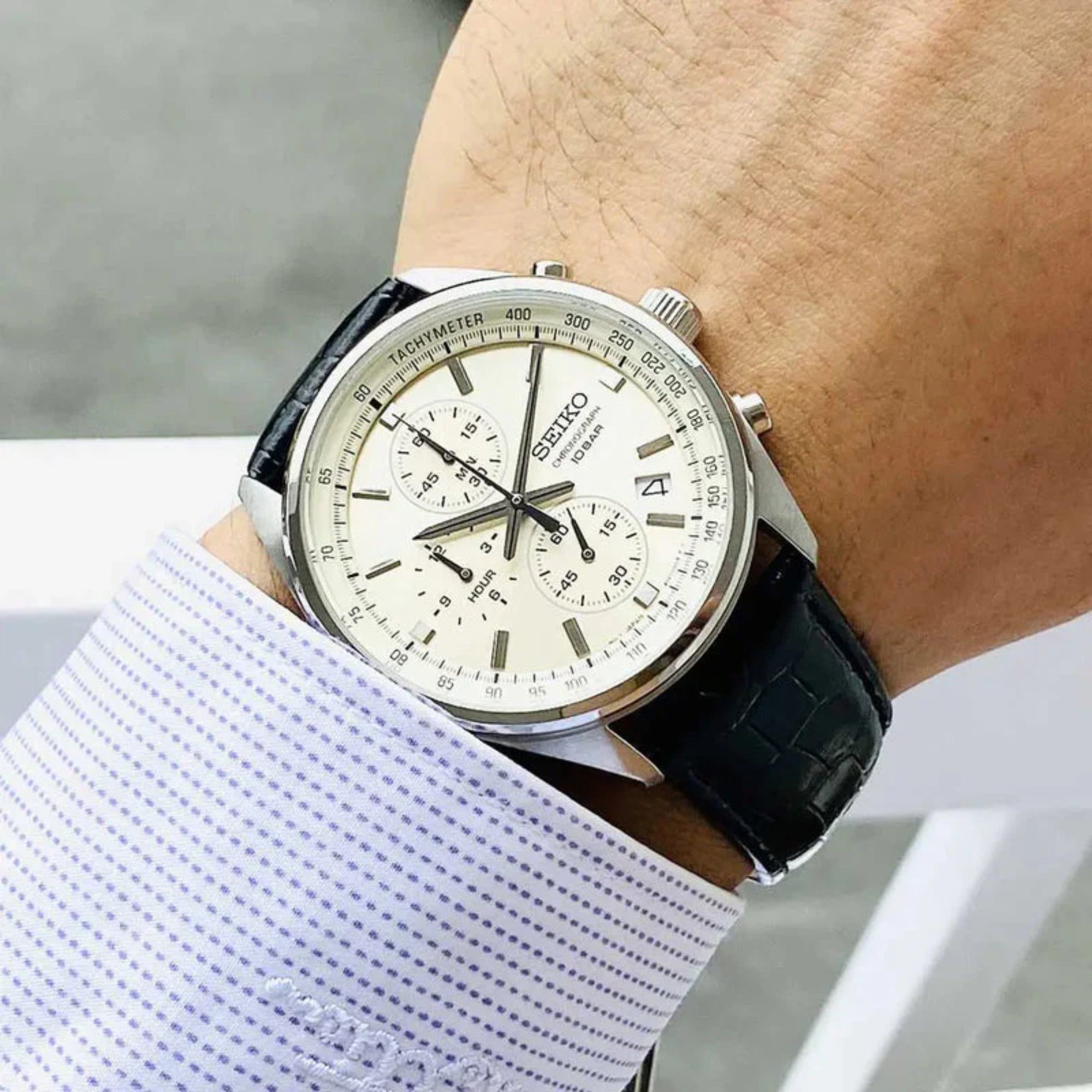 Seiko Conceptual Quartz Chronograph Beige Dial Black Leather Strap Men's Watch SSB383P1