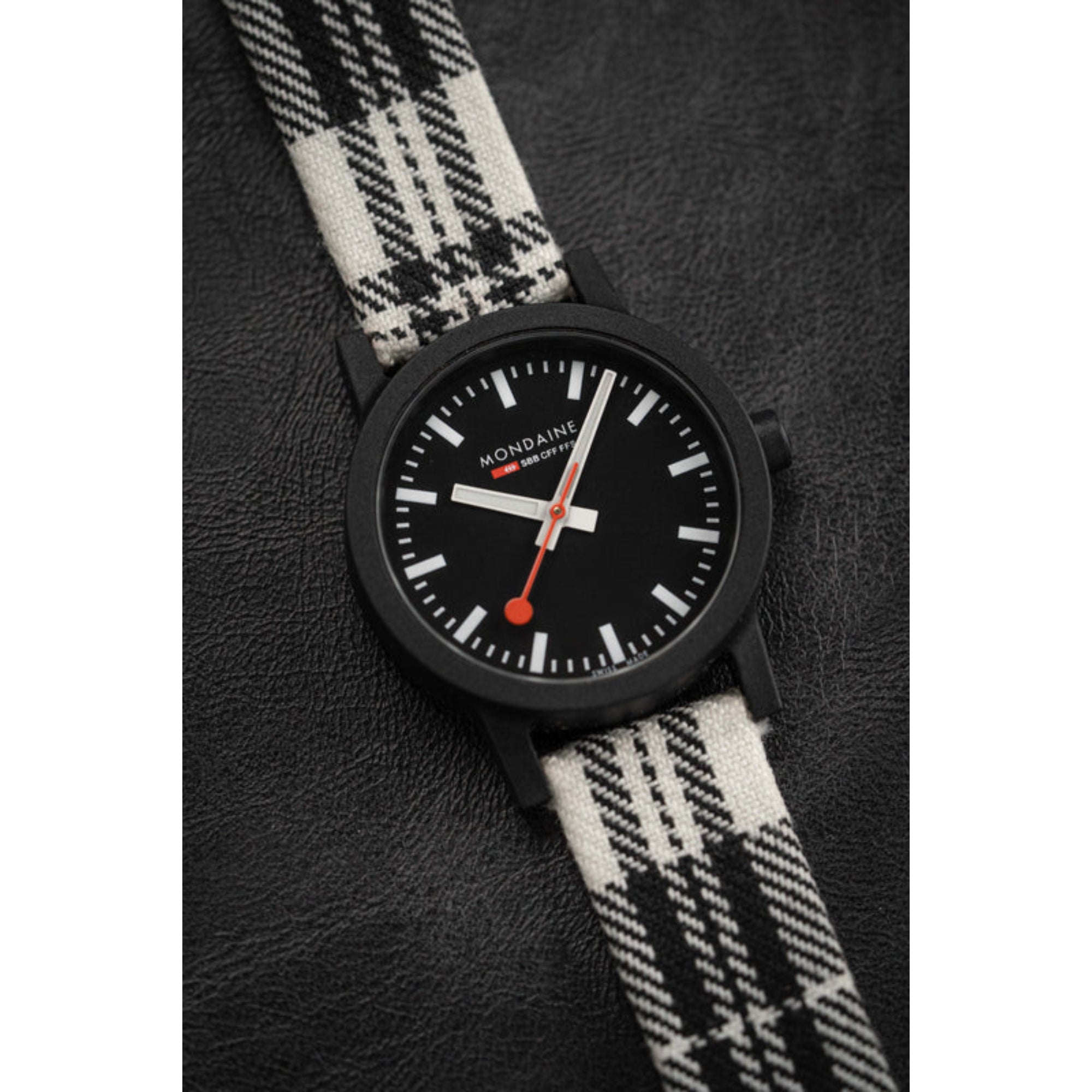 Mondaine Essence Quartz Black Dial Tartan Synthetic Strap Ladies Watch MS1.32120.LB