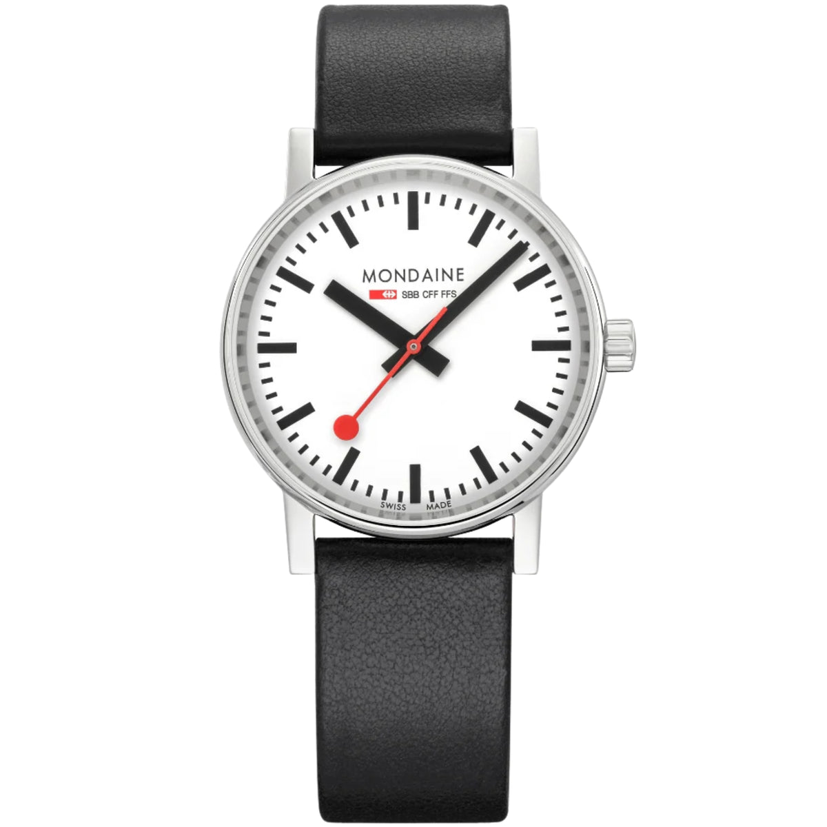 Front shot of Mondaine Evo2 MSE.35110.LBV midsize watch highlighting white dial, black hour markers, and iconic red lollipop second hand