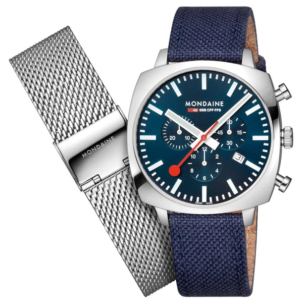 Mondaine Petite Cushion Square Blue Dial Textile Strap Unisex Watch MSL.41440.LD.SET