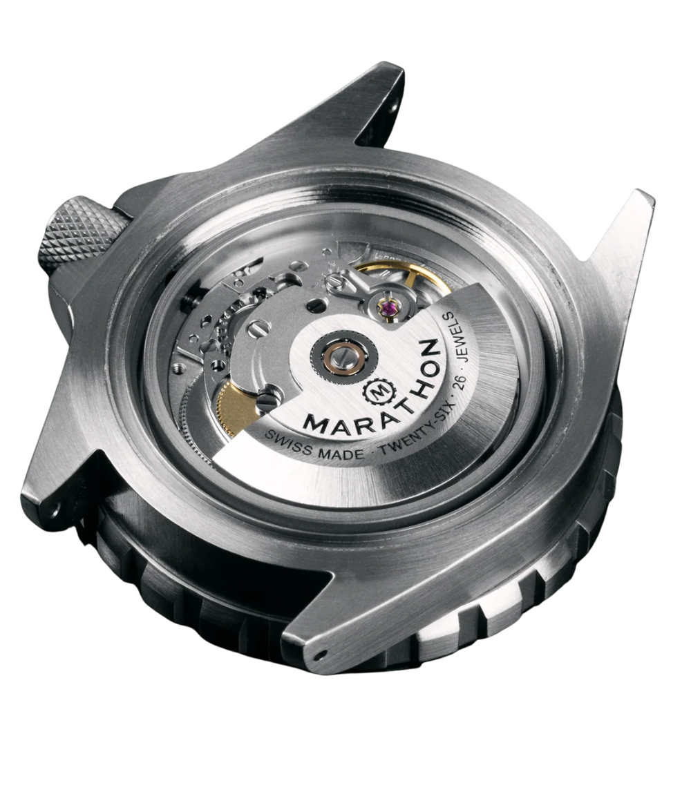 Marathon Search & Rescue automatic watch open case back showing Swiss made movement and branded rotor
