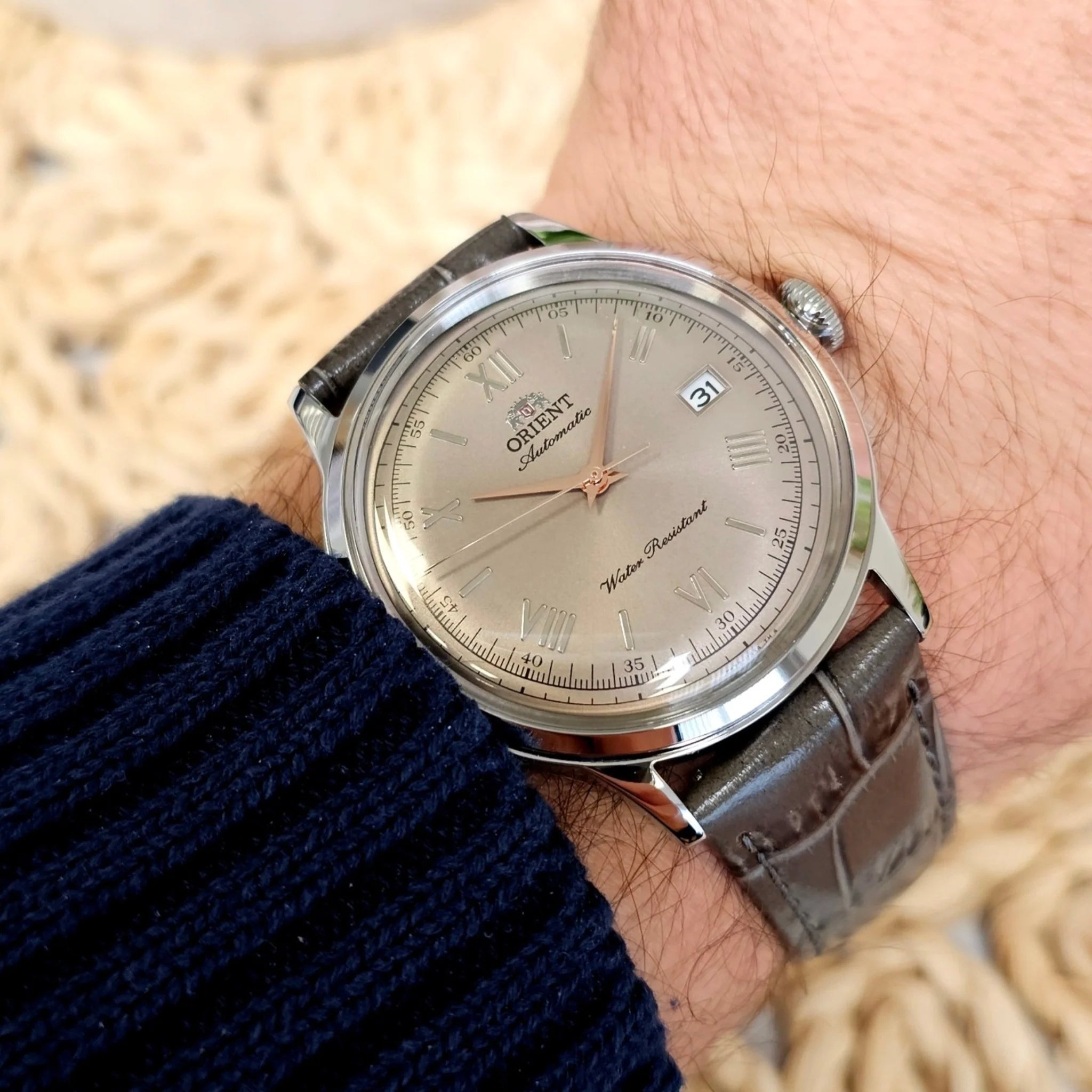 Orient Bambino Classic Vintage Style Beige Dial Leather Strap Men's Dress Watch RA-AC0025N30B