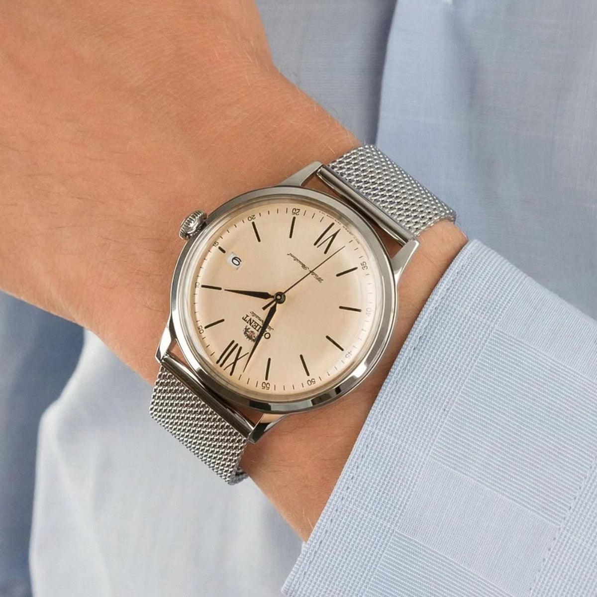 Orient Bambino Automatic Champagne Dial Milanese Mesh Strap Men’s Watch RA-AC0020G30B