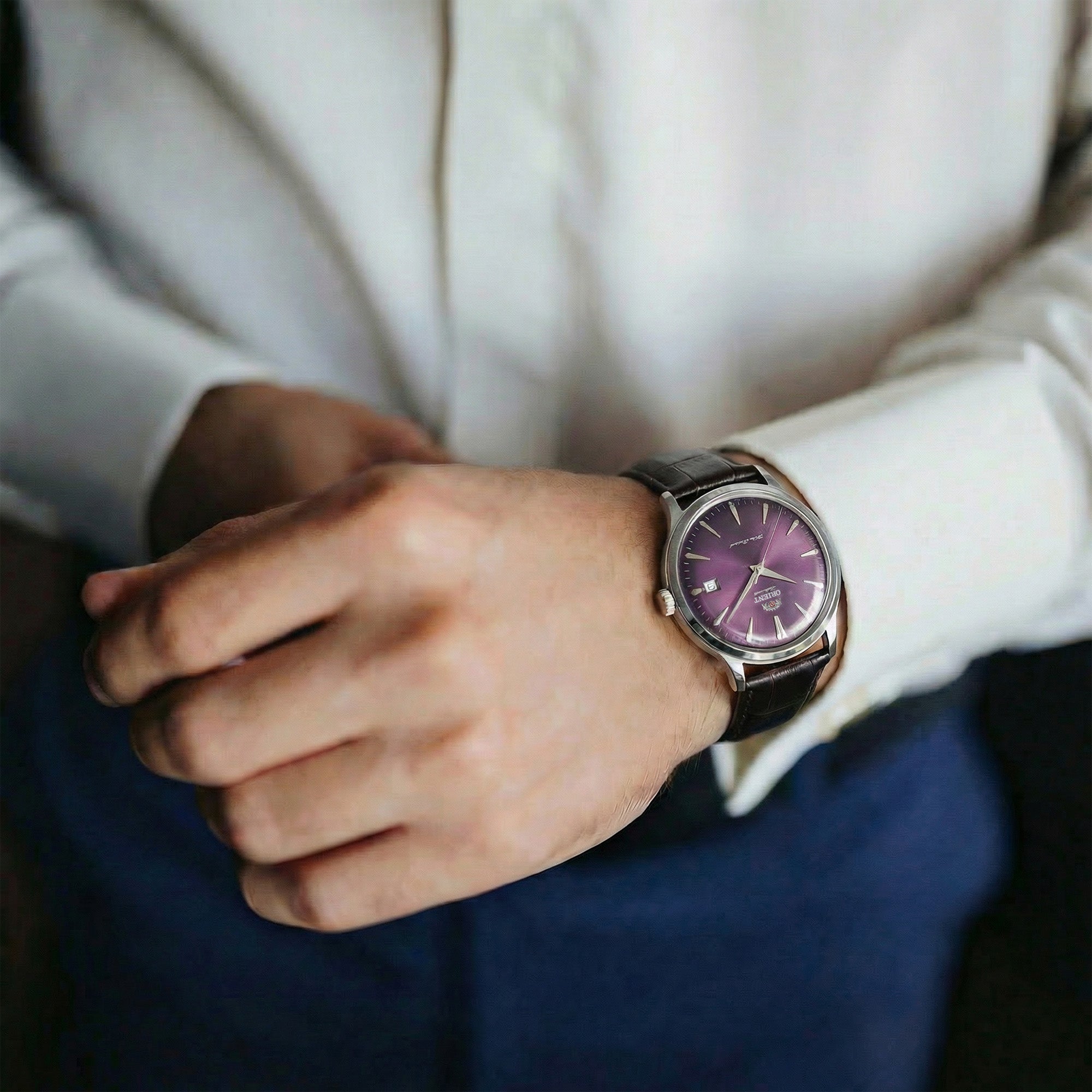 Orient Bambino Classic Vintage Style Purple Dial Leather Strap Men's Dress Watch RA-AC0032V30B