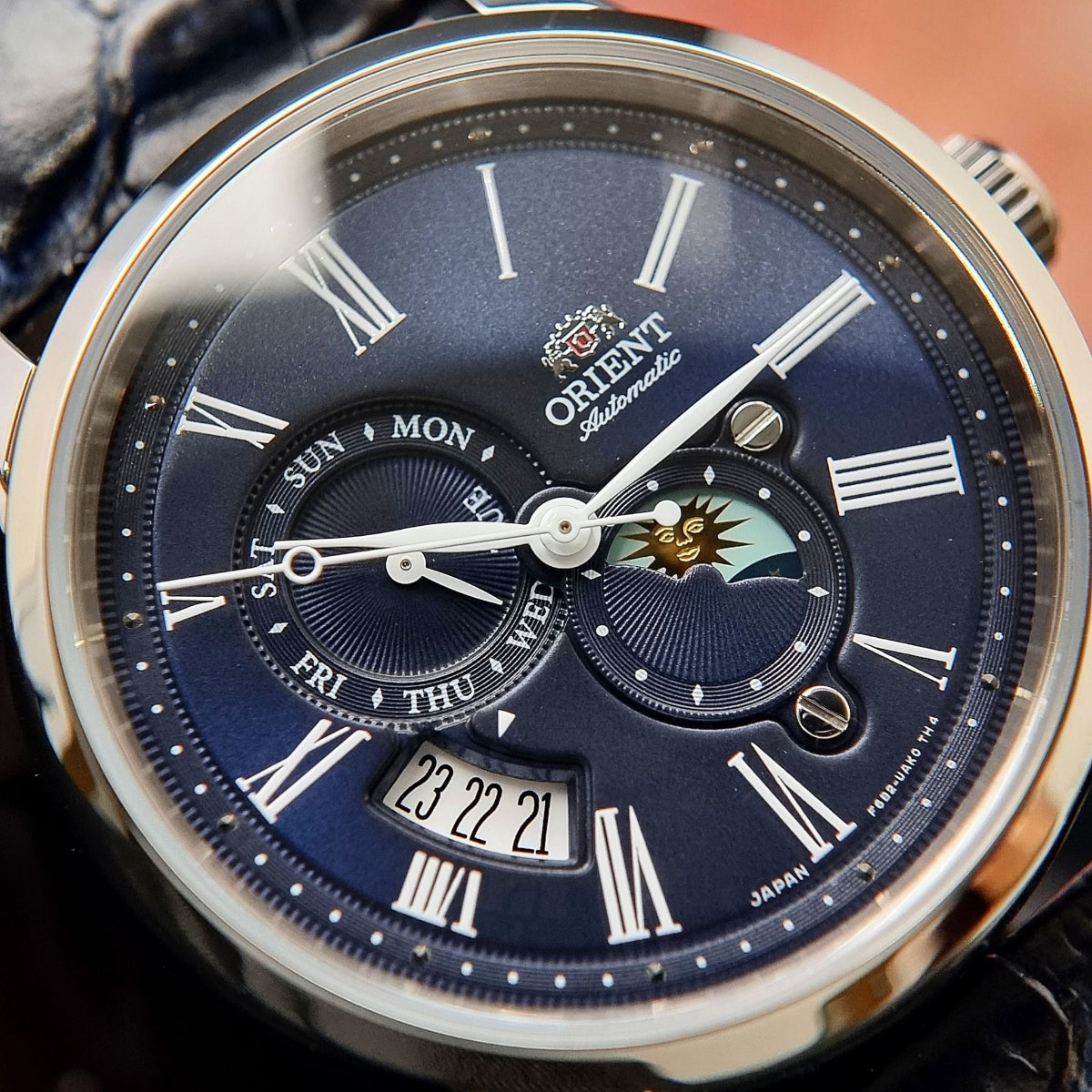 Orient Sun and Moon Automatic Blue Dial Leather Strap Men's Watch RA-AK0011D30B