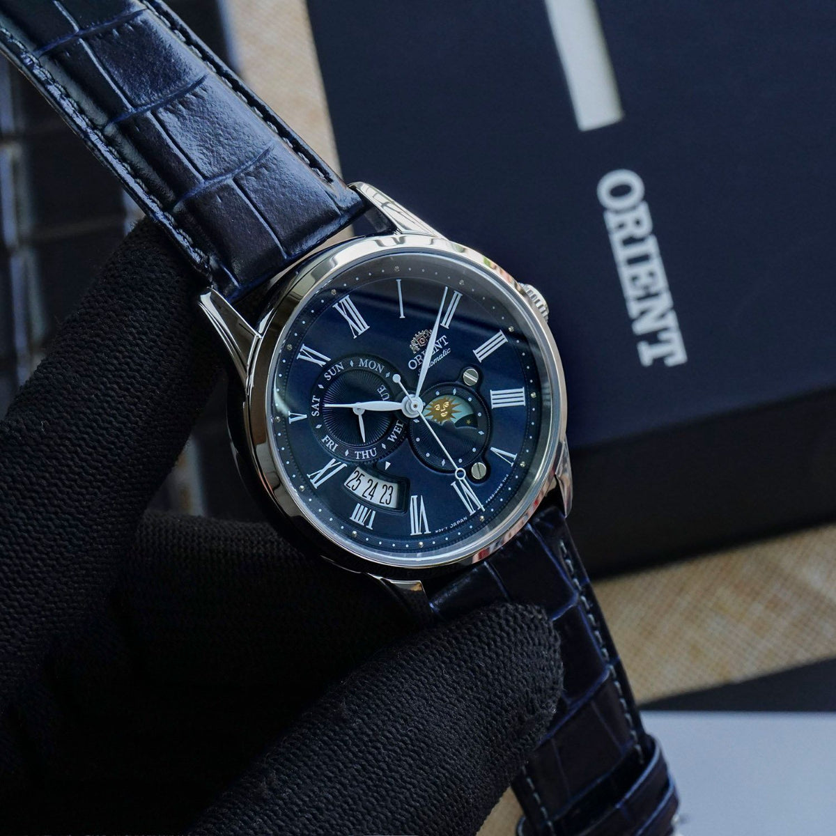 Orient Sun and Moon Automatic Blue Dial Leather Strap Men's Watch RA-AK0011D30B