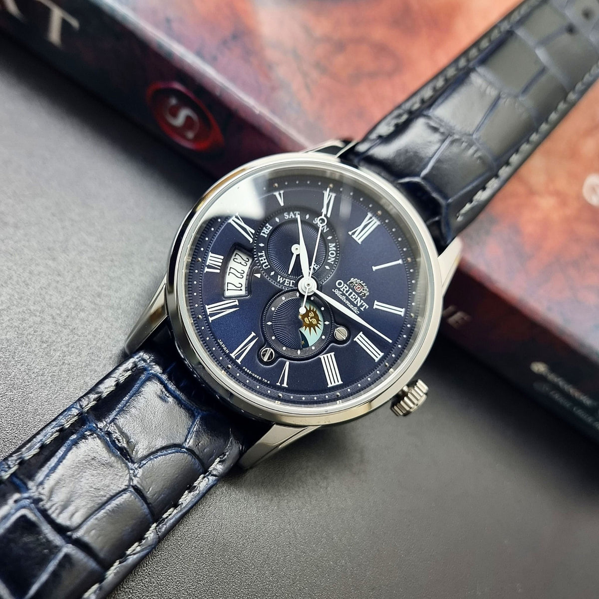 Orient Sun and Moon Automatic Blue Dial Leather Strap Men's Watch RA-AK0011D30B