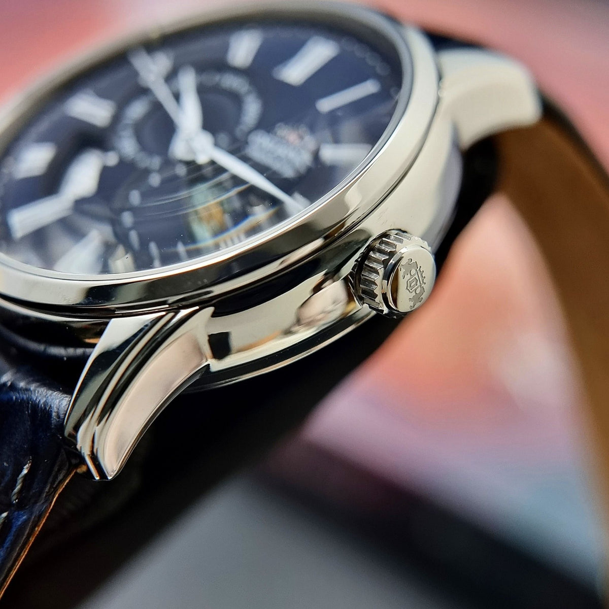 Orient Sun and Moon Automatic Blue Dial Leather Strap Men's Watch RA-AK0011D30B