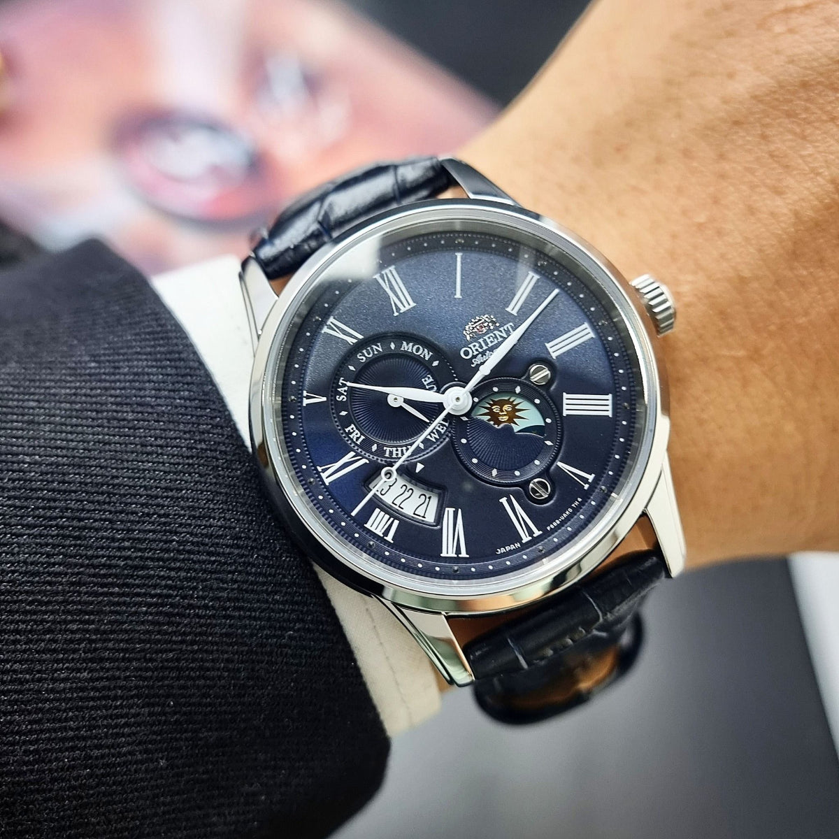 Orient Sun and Moon Automatic Blue Dial Leather Strap Men's Watch RA-AK0011D30B