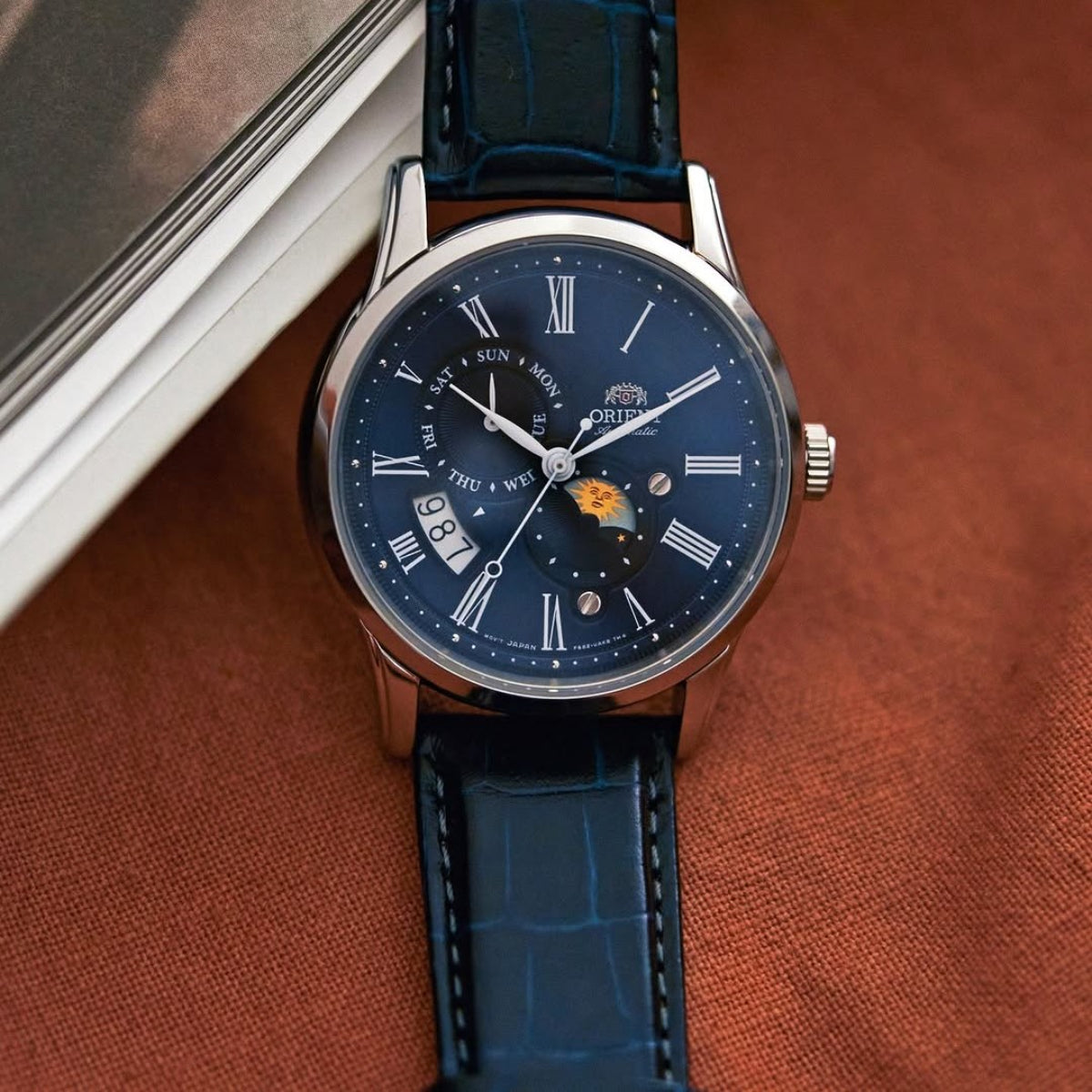 Orient Sun and Moon Automatic Blue Dial Leather Strap Men's Watch RA-AK0011D30B