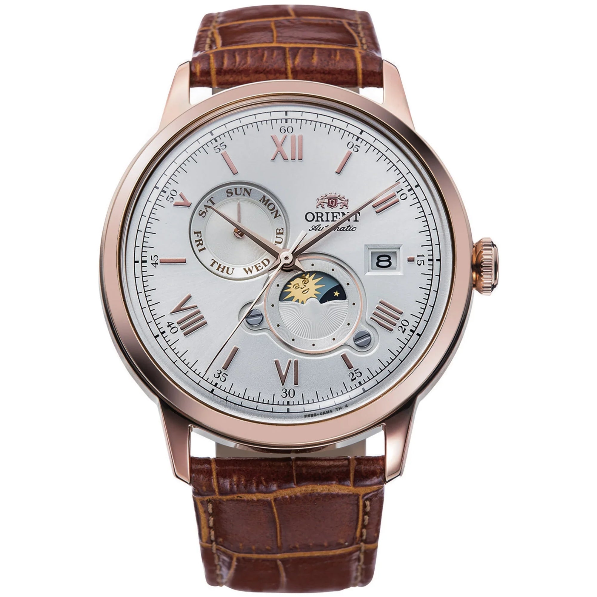 Orient Bambino 41mm Sun & Moon Silver Dial Leather Automatic Mens Watch RA-AK0801S30B
