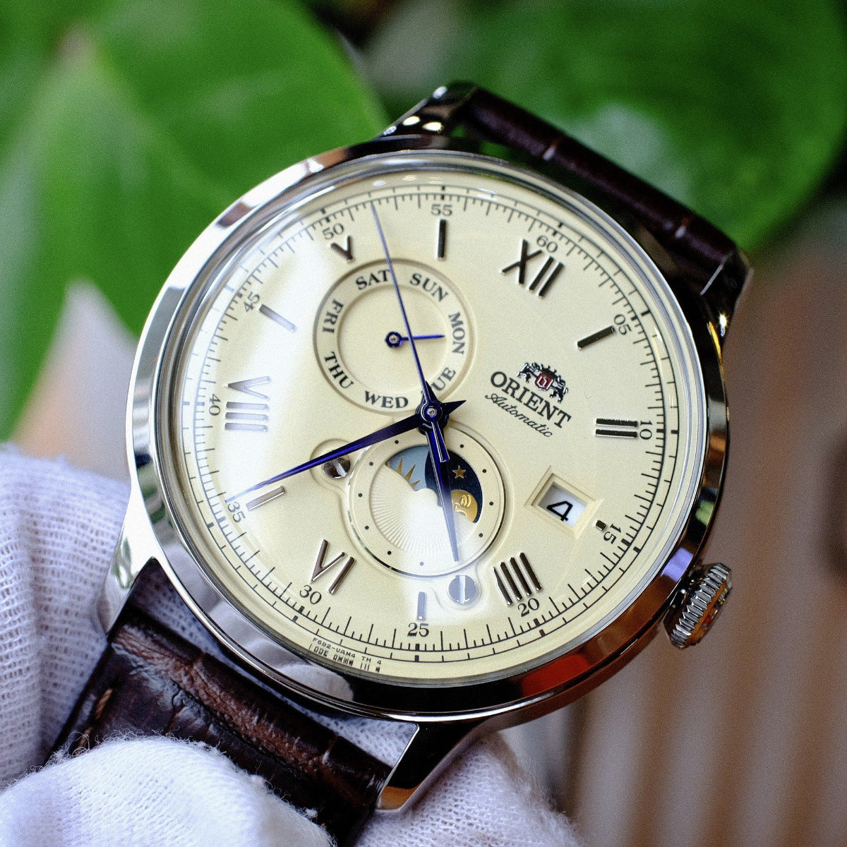 Orient Bambino Sun & Moon Automatic Champagne Dial Leather Strap Men's Watch RA-AK0803Y30B