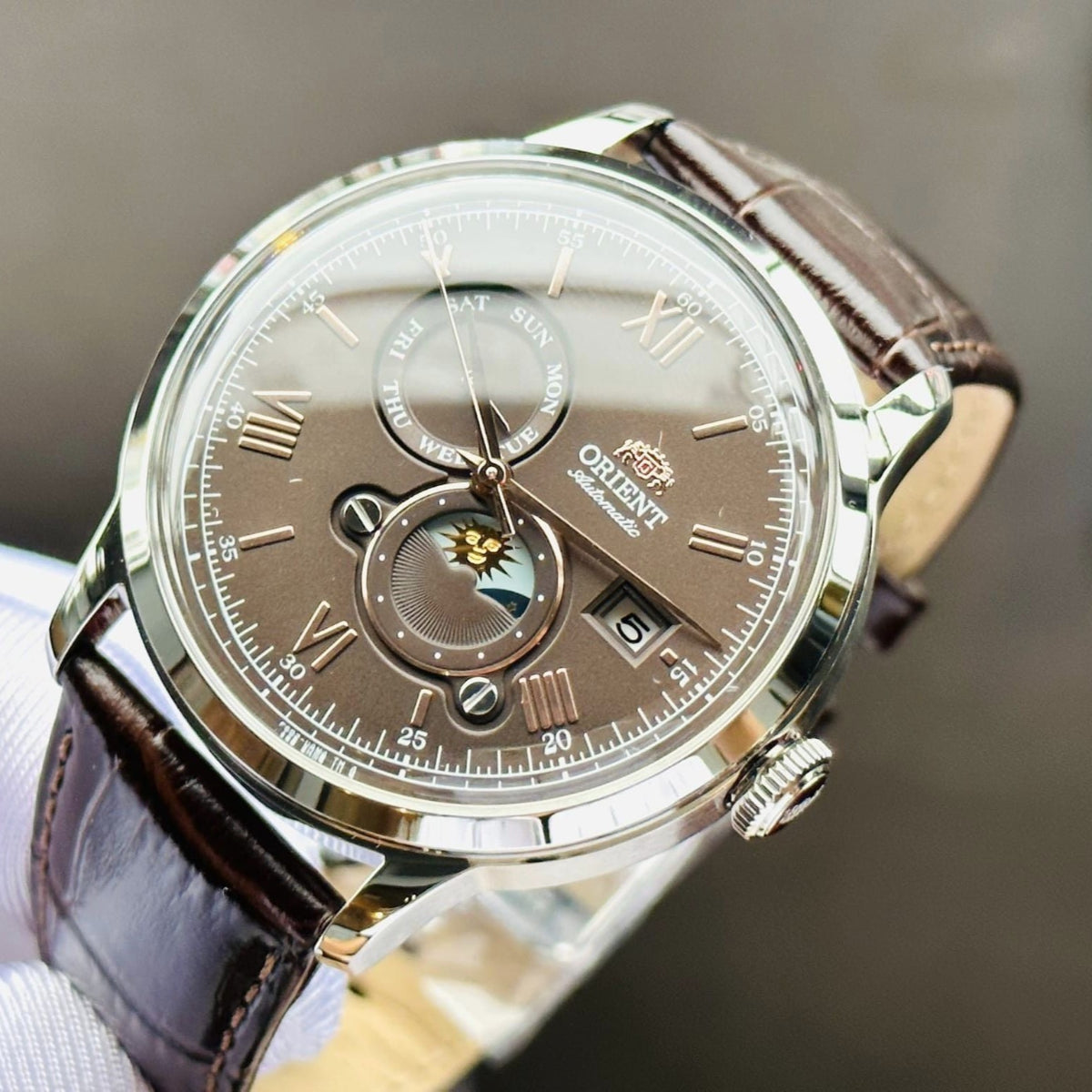Orient Bambino 41.5mm Sun & Moon Brown Dial Leather Mens Automatic Watch RA-AK0804Y30B