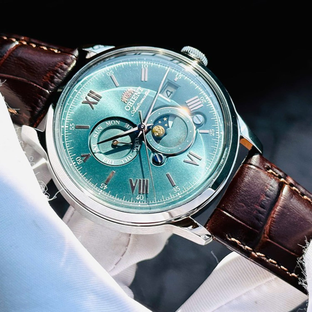 Orient Bambino Sun & Moon Green Dial Leather Strap Men's Watch RA-AK0805E30B