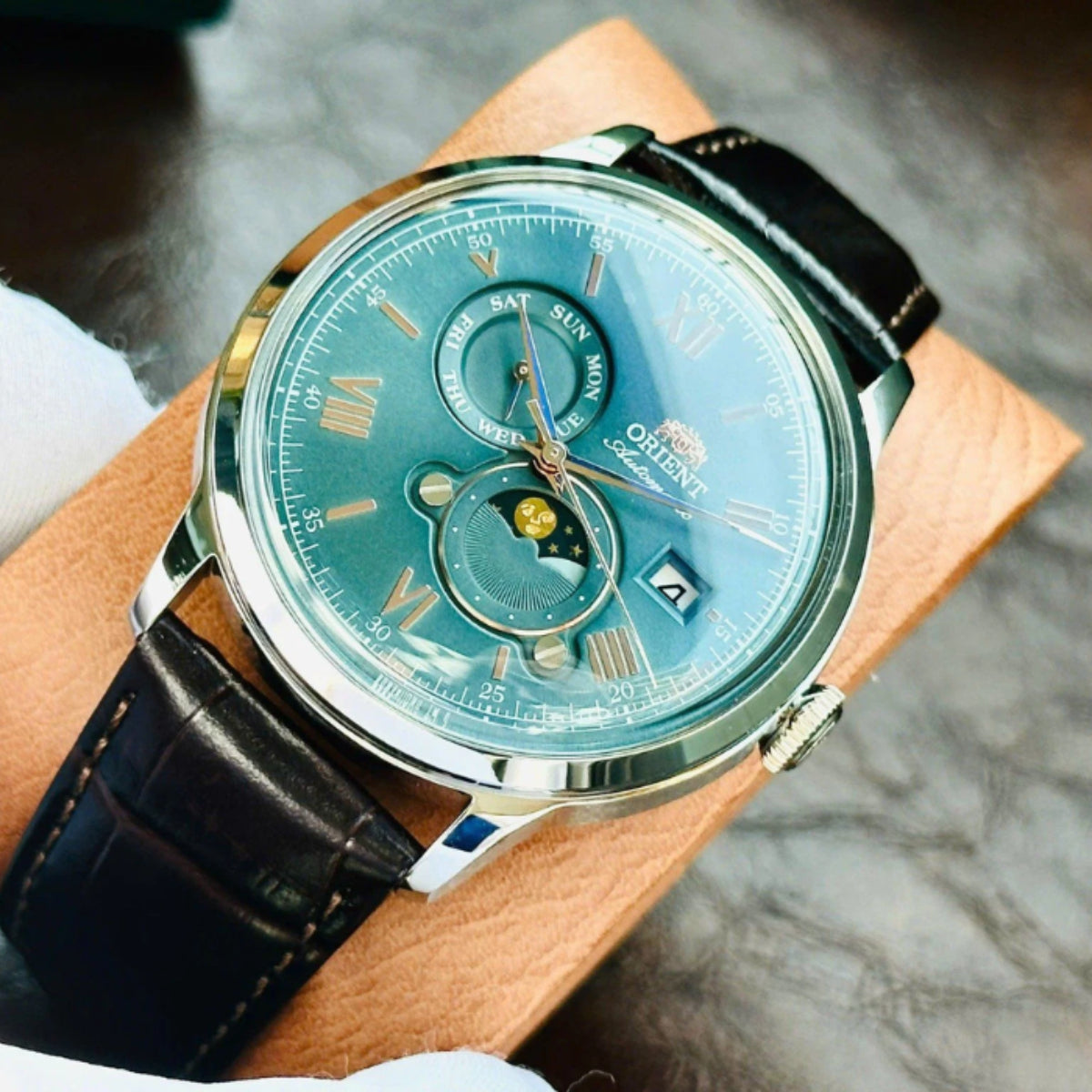 Orient Bambino Sun & Moon Green Dial Leather Strap Men's Watch RA-AK0805E30B